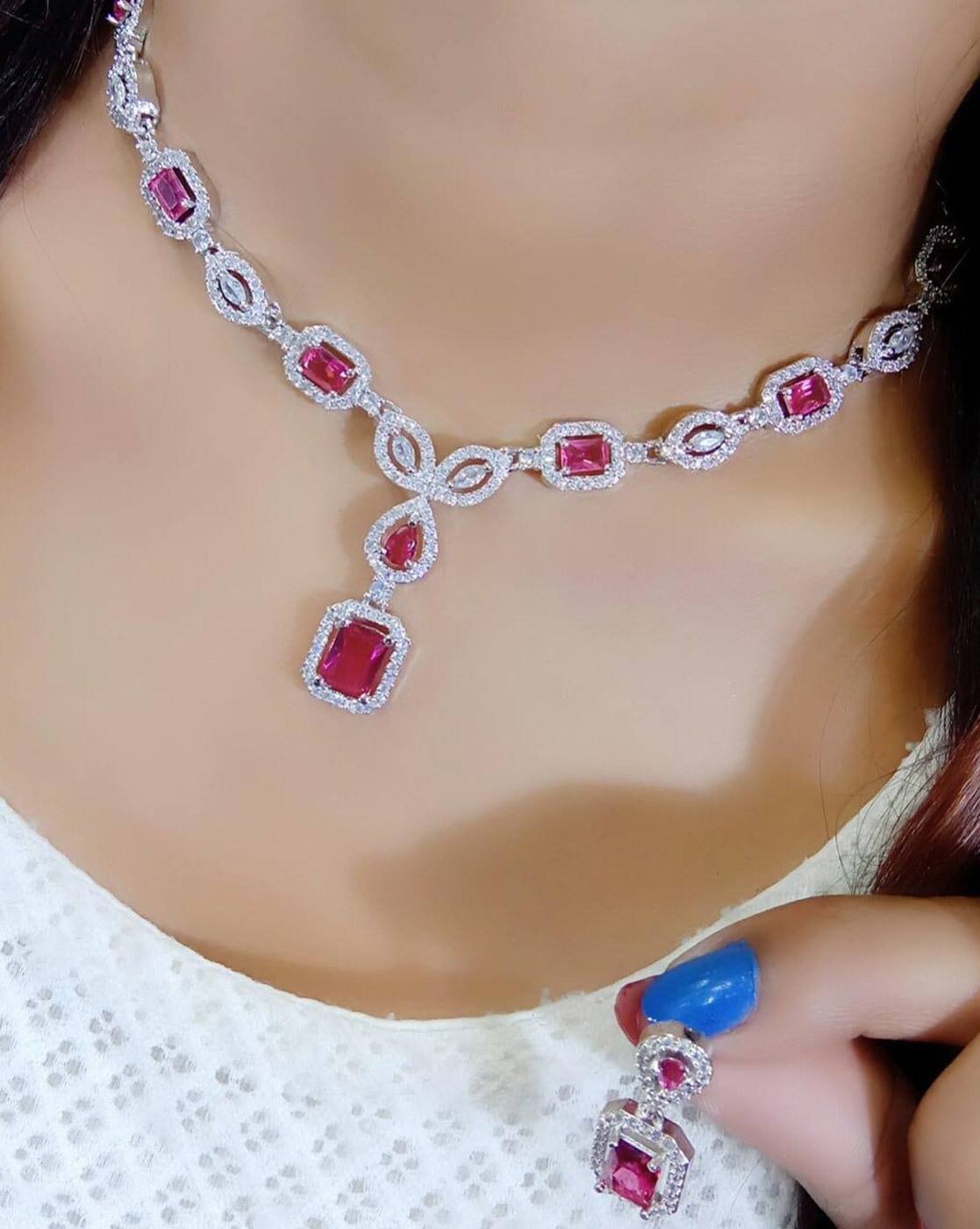 LaaLi NK42 Red American Diamond Necklace Set | Rhodium Plated Stylish Jewellery for Women | Elegant Lightweight Necklace with Earrings