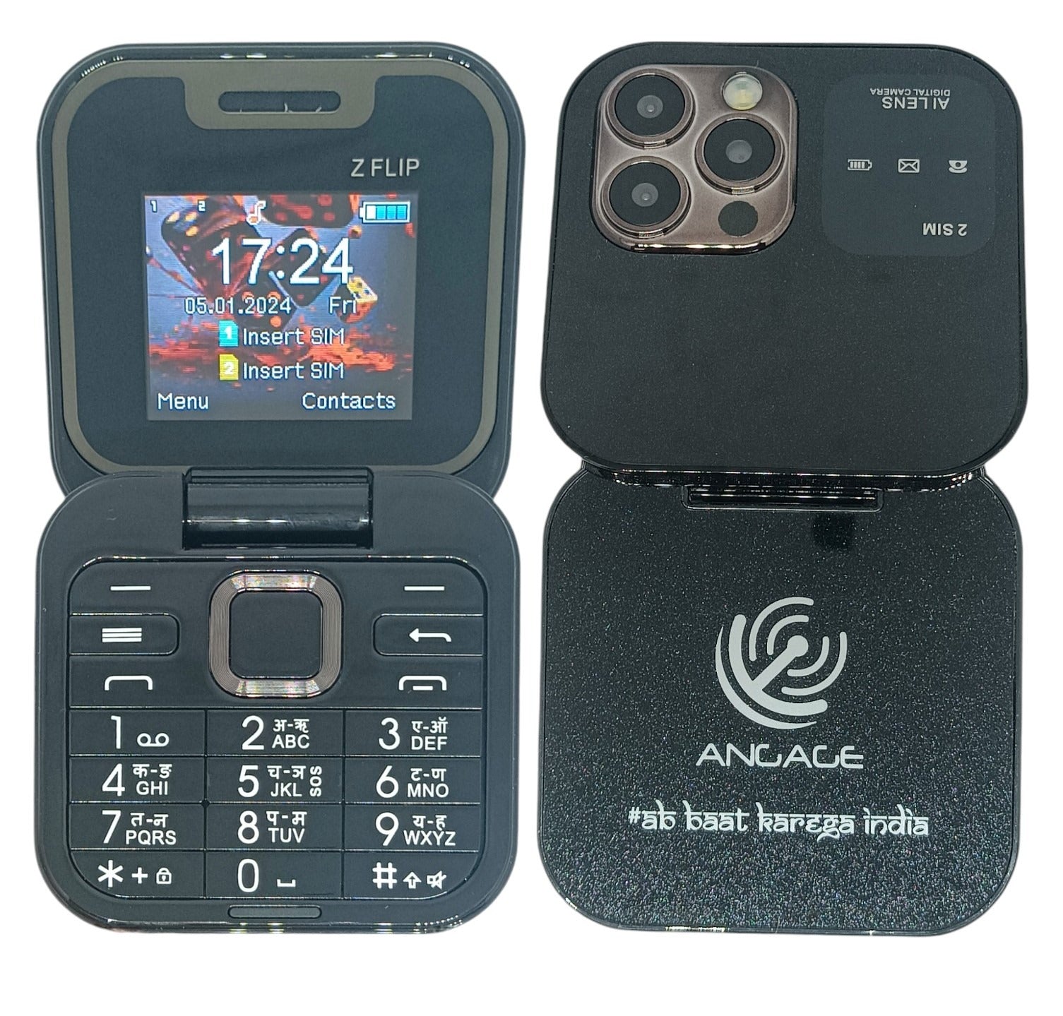 Angage Z Flip Dual Sim Mini Mobile With 1000 mAh Battery Camera & FM- Black