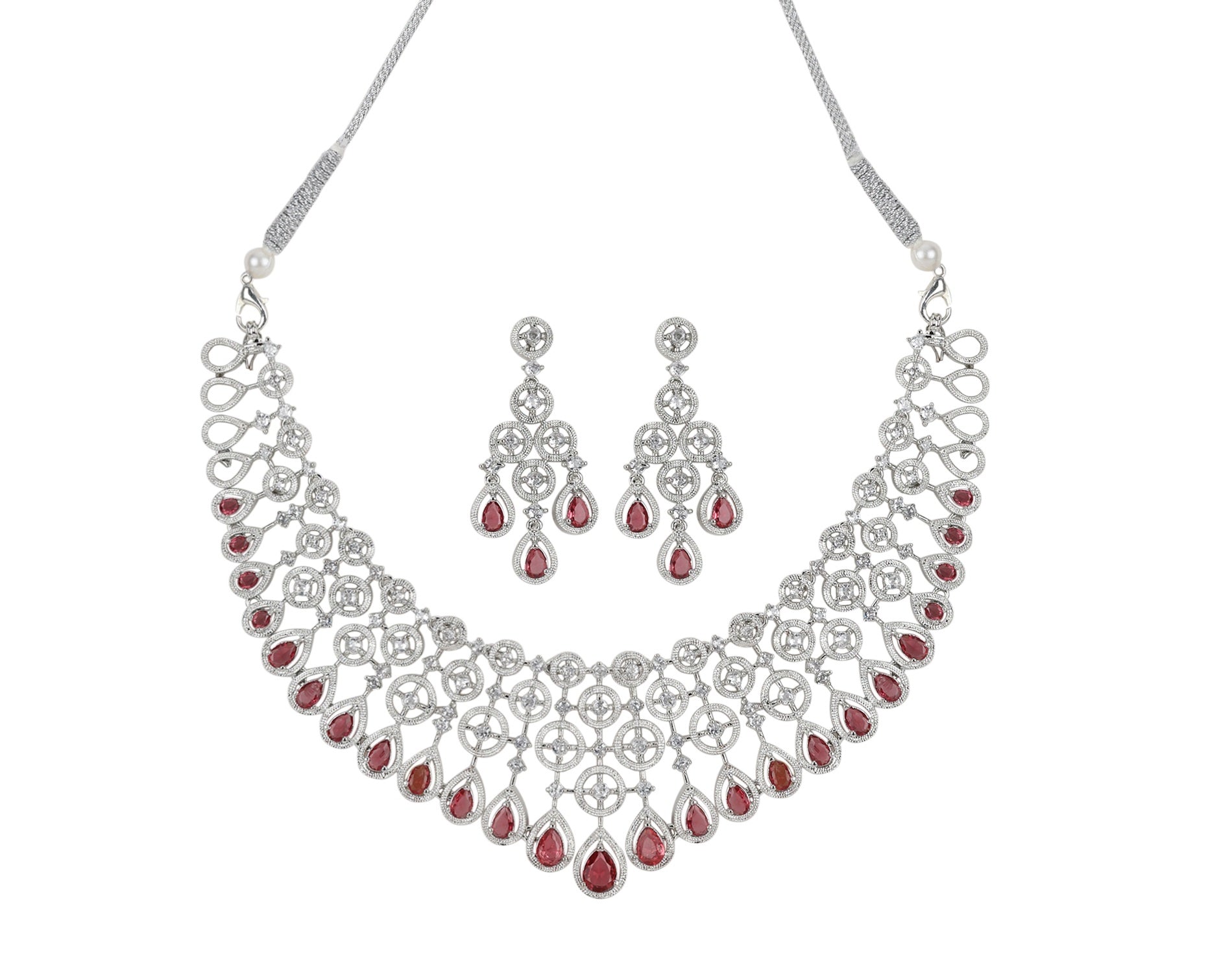 LaaLi NK14 Rhodium Plated American Diamond Necklace Set for Women | Bridal & Party Wear Jewellery with Red Stone Accents