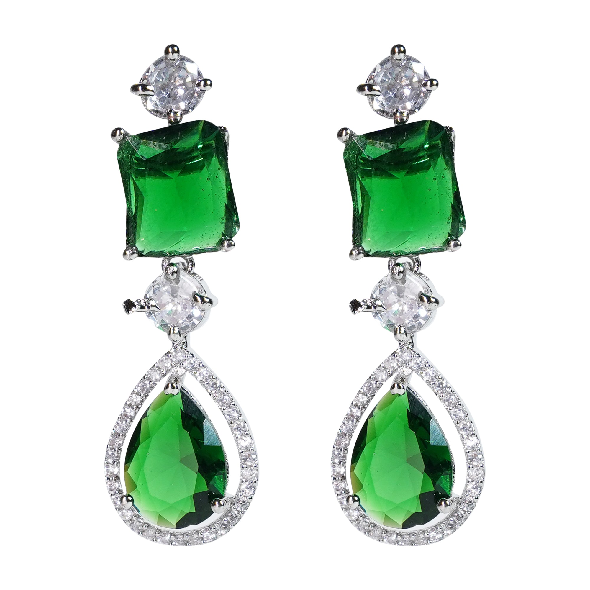 LaaLi NK24 Royal Green American Diamond Necklace Set | Rhodium Plated Bridal Jewellery for Women | Elegant Emerald Look Necklace with Earrings