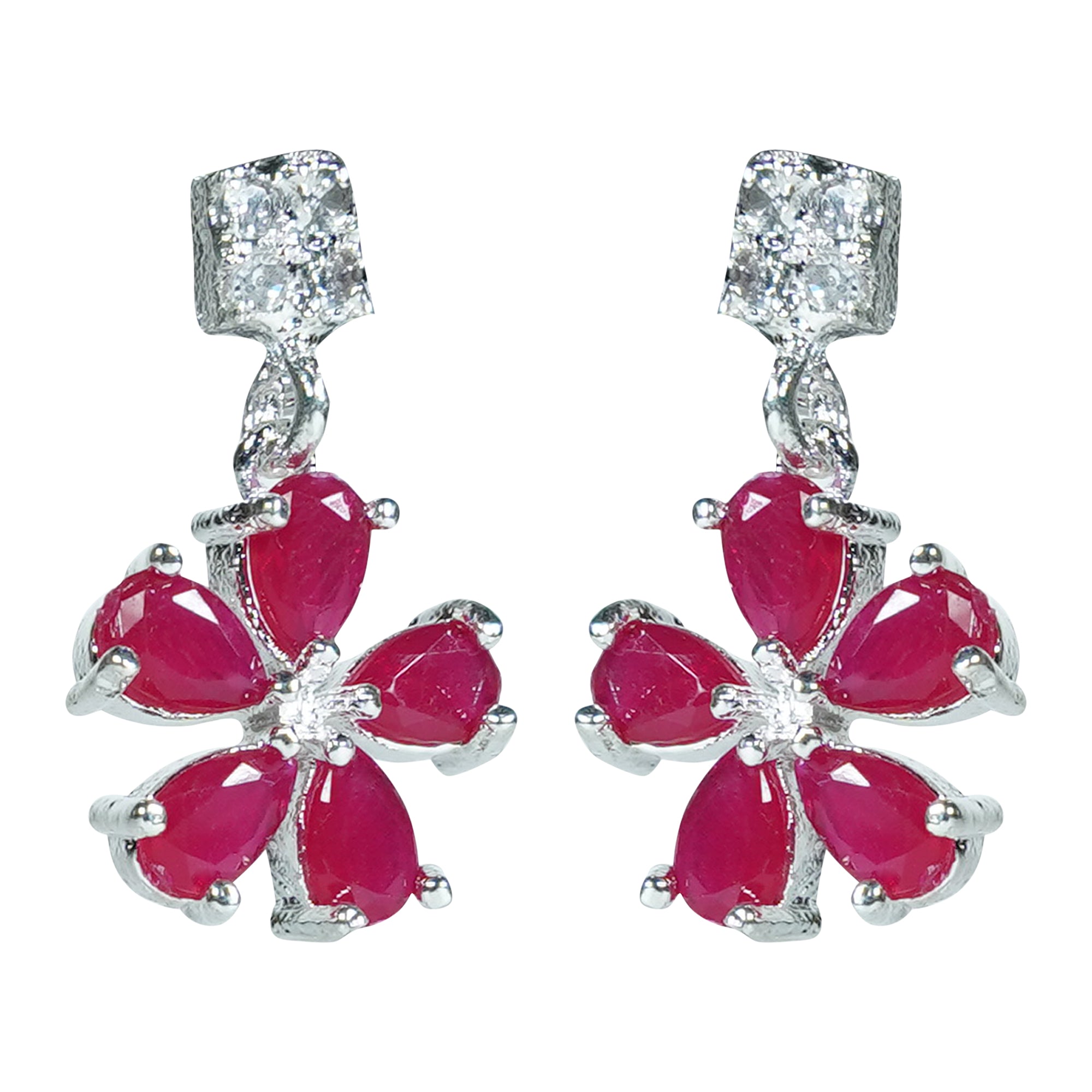 LaaLi NK20 Rhodium Plated Red Stone American Diamond Necklace Set | Elegant Floral Earrings & Party Wear Jewellery for Women