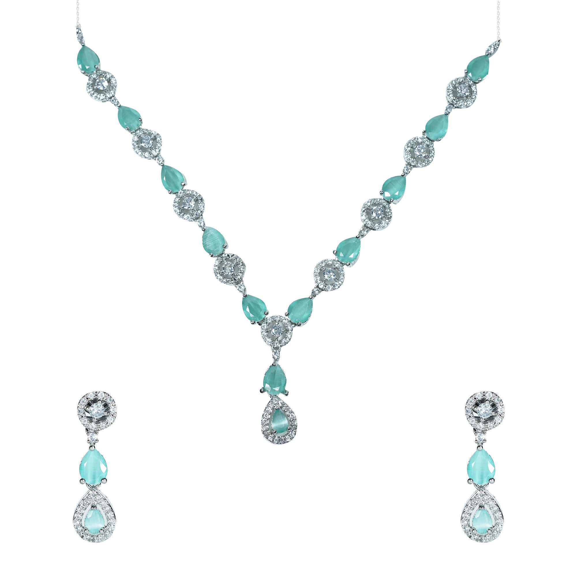 LaaLi NK17 Aqua Green American Diamond Necklace Set for Women | Rhodium Plated Elegant Jewellery for Party, Bridal & Festive Wear