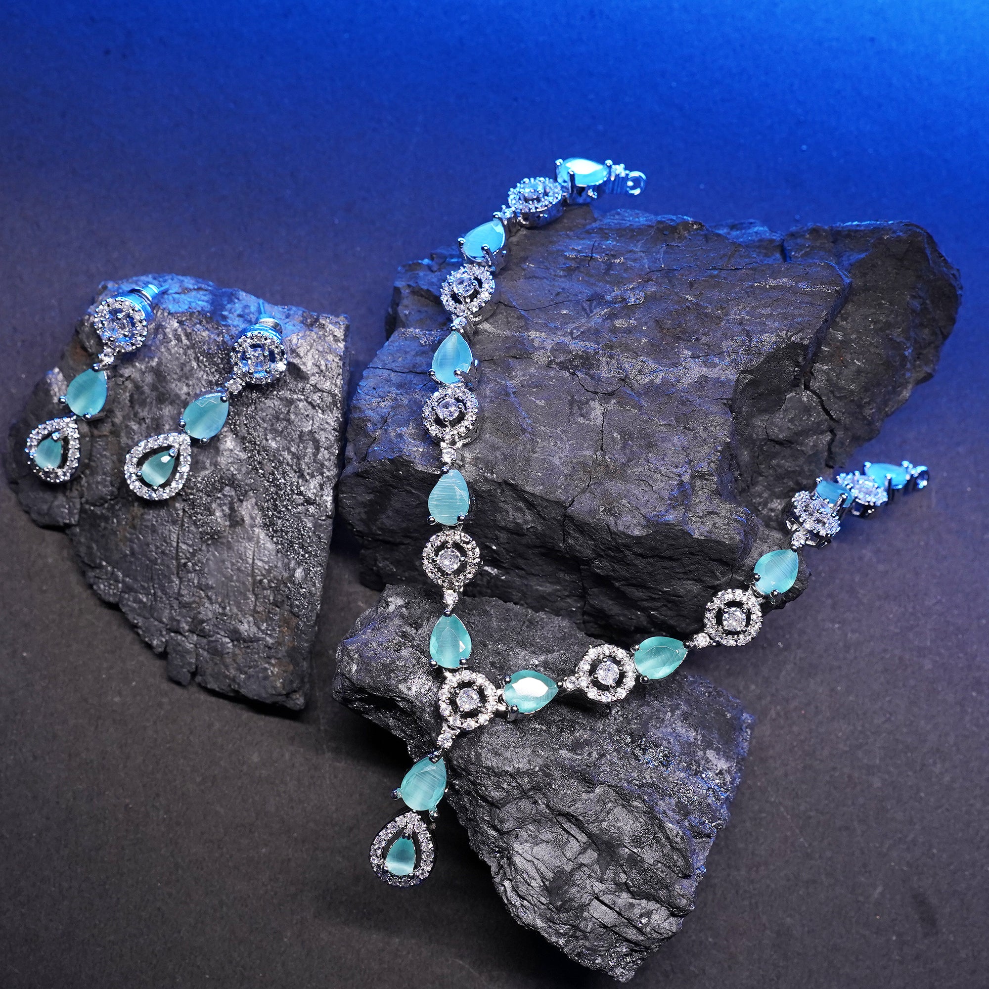 LaaLi NK17 Aqua Green American Diamond Necklace Set for Women | Rhodium Plated Elegant Jewellery for Party, Bridal & Festive Wear