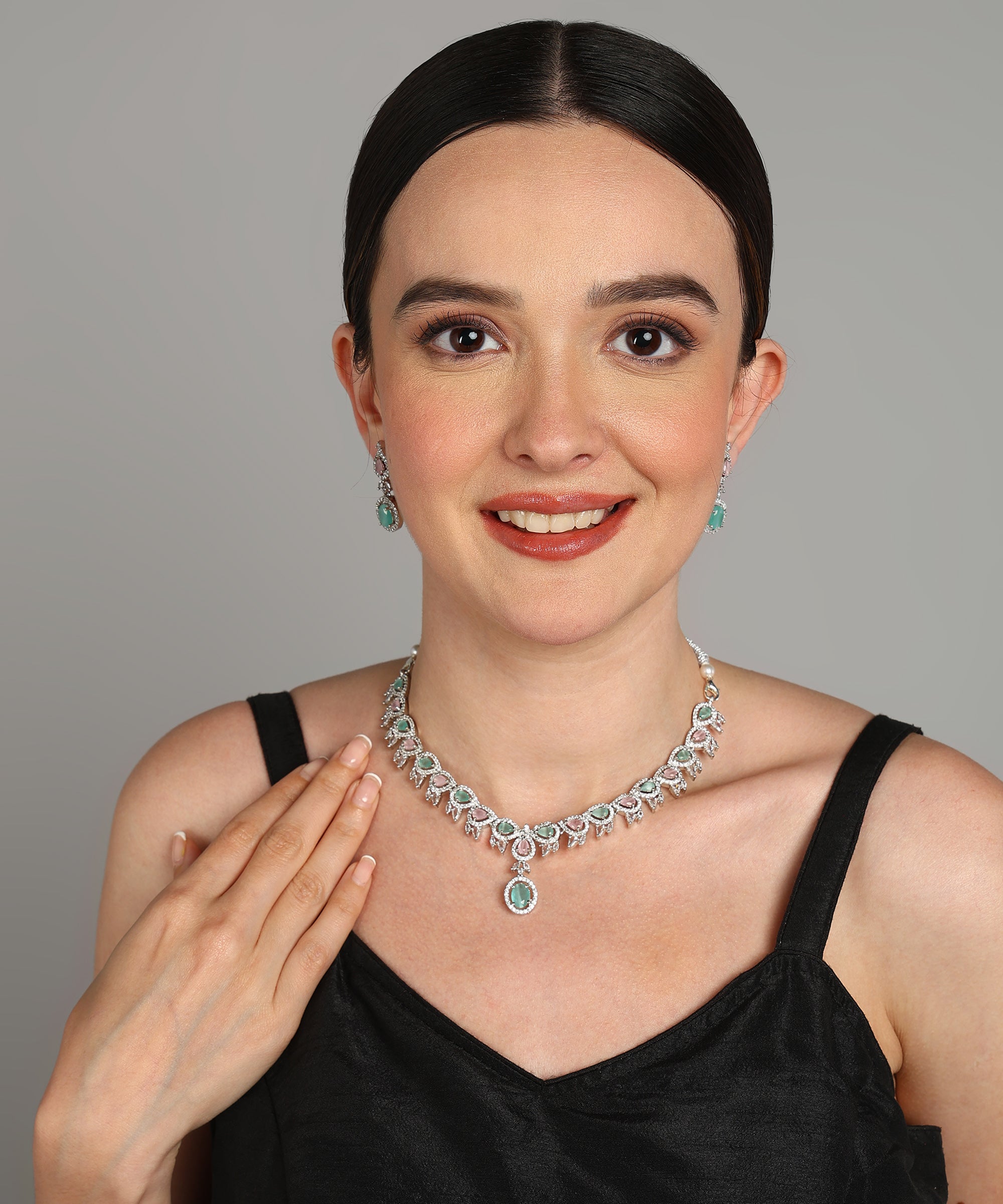 LaaLi NK4 Elegant Mint Green & White American Diamond Necklace Set – Silver-Plated Designer Bridal & Occasion Wear Jewelry