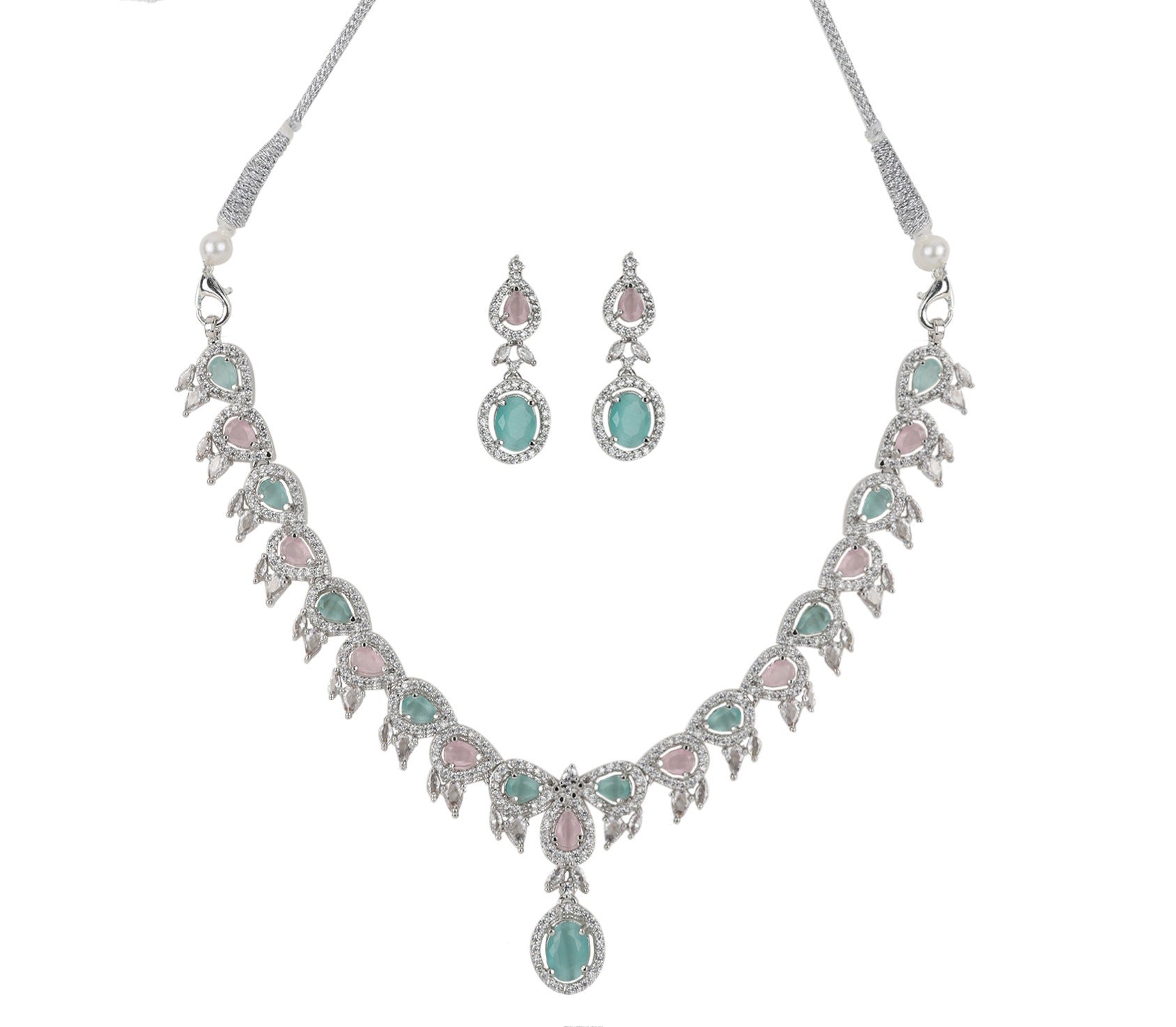 LaaLi NK4 Elegant Mint Green & White American Diamond Necklace Set – Silver-Plated Designer Bridal & Occasion Wear Jewelry