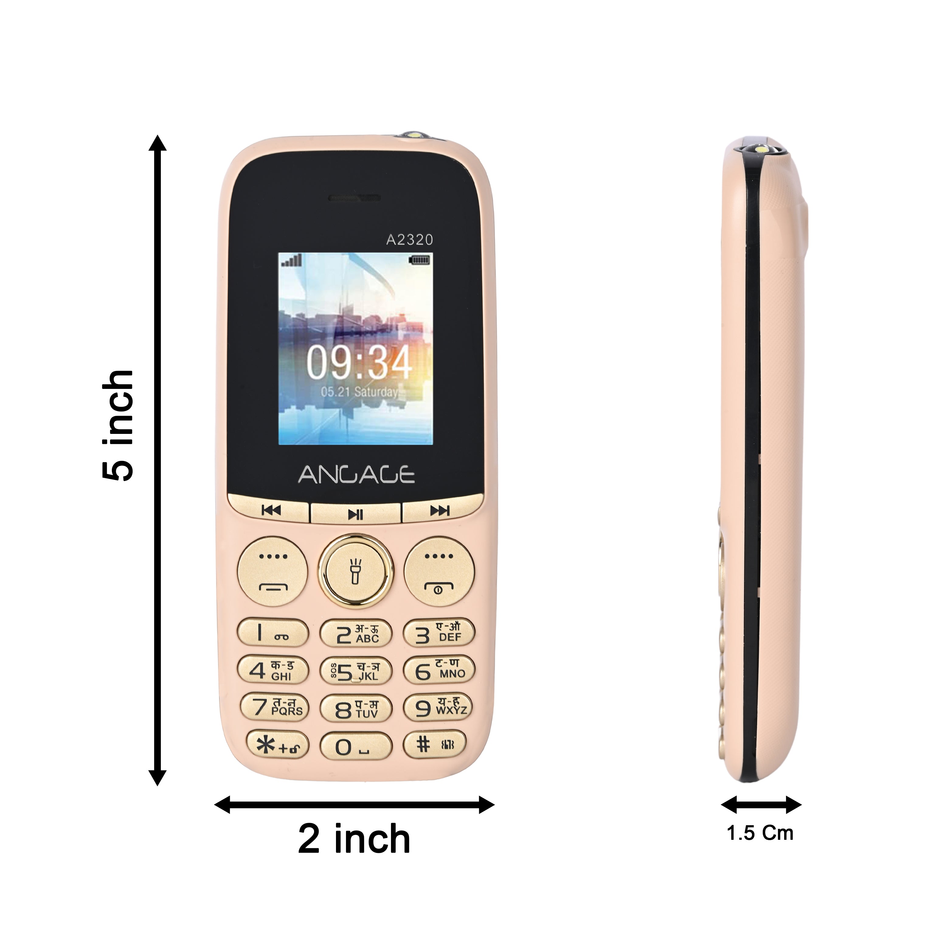 Angage 2320 Dual Sim Mobile With 1.8 inch Display 1000 mAh Battery Auto Call Recording Multi Indian Language Torch & FM-Gold