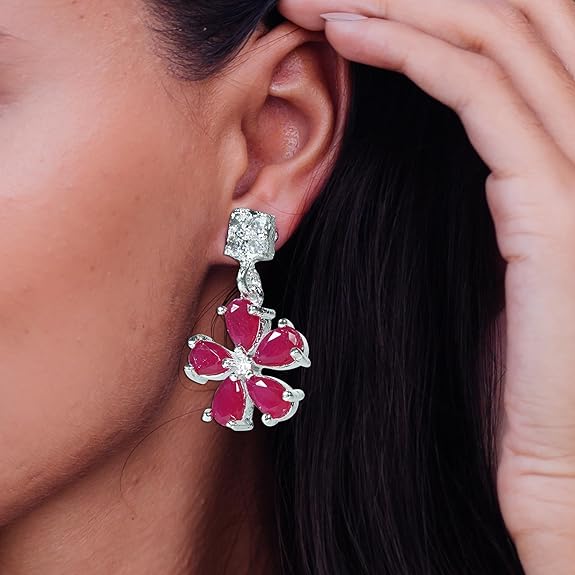 LaaLi NK20 Rhodium Plated Red Stone American Diamond Necklace Set | Elegant Floral Earrings & Party Wear Jewellery for Women