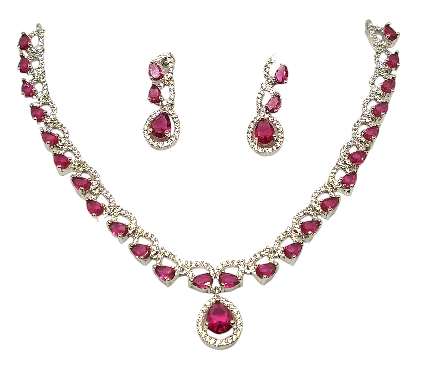 LaaLi NK32 Ruby Red American Diamond Necklace Set | Rhodium Plated Bridal Jewellery with Earrings | Elegant Festive & Wedding Wear Set for Women