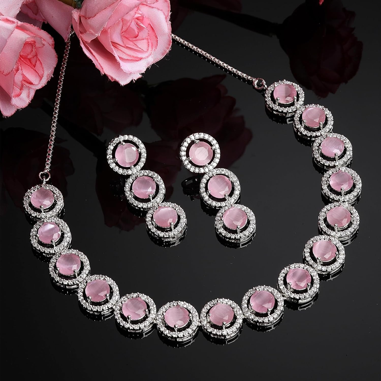 LaaLi NK34 Light Pink American Diamond Necklace Set | Rhodium Plated Elegant Jewellery for Women | Trendy Party Wear Necklace with Earrings