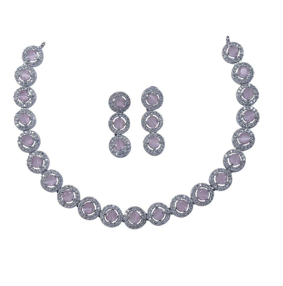 LaaLi NK34 Light Pink American Diamond Necklace Set | Rhodium Plated Elegant Jewellery for Women | Trendy Party Wear Necklace with Earrings
