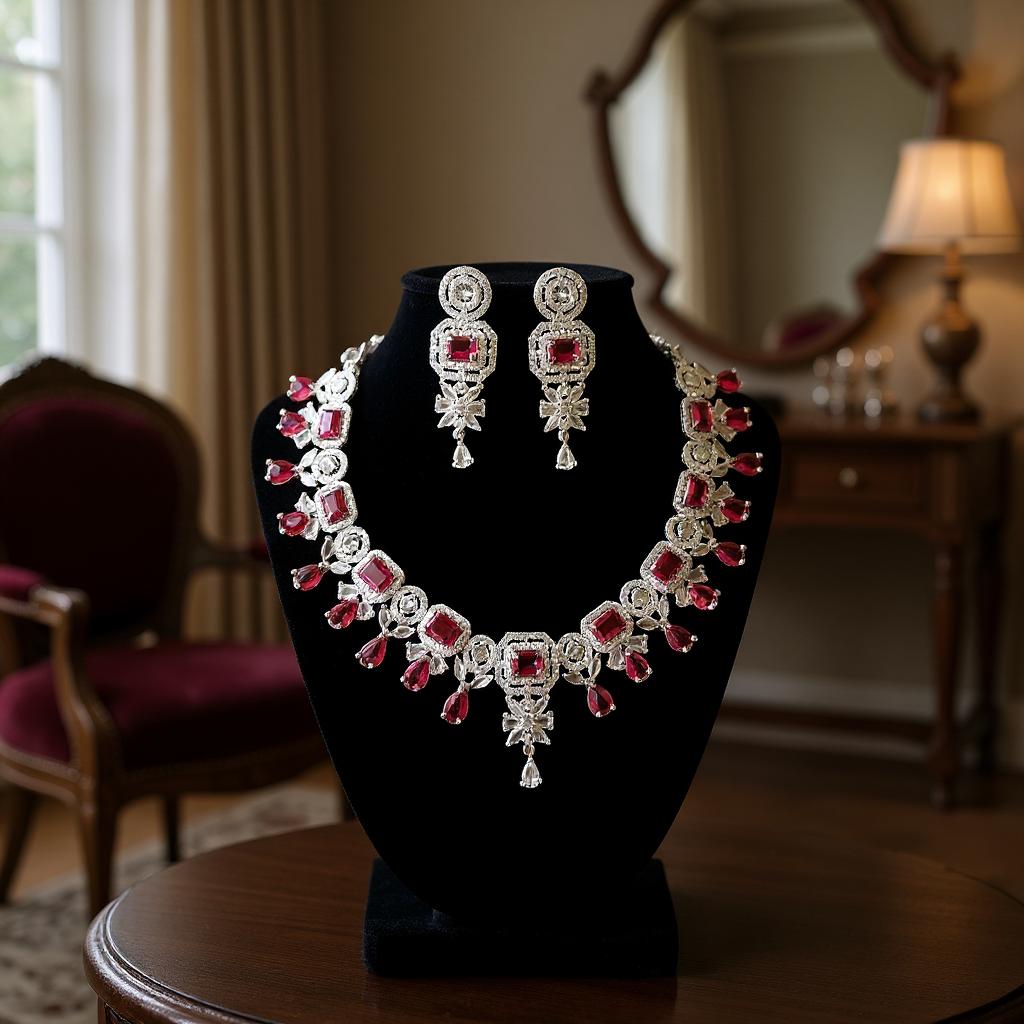 LaaLi NK36 Bridal Maroon American Diamond Necklace Set | Heavy Rhodium Plated Choker with Earrings & Maang Tika | Wedding Jewellery Set for Women