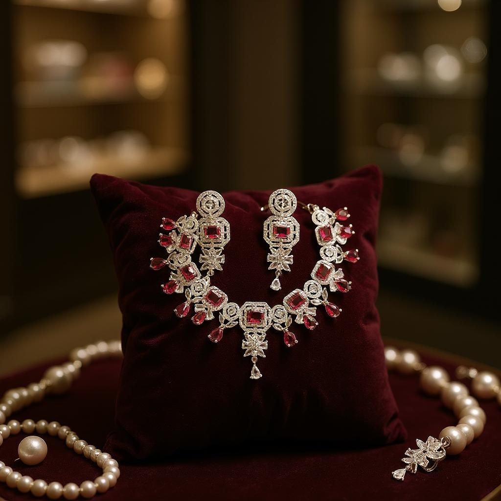 LaaLi NK36 Bridal Maroon American Diamond Necklace Set | Heavy Rhodium Plated Choker with Earrings & Maang Tika | Wedding Jewellery Set for Women