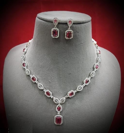 LaaLi NK42 Red American Diamond Necklace Set | Rhodium Plated Stylish Jewellery for Women | Elegant Lightweight Necklace with Earrings