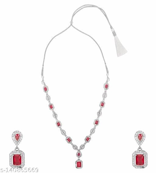 LaaLi NK42 Red American Diamond Necklace Set | Rhodium Plated Stylish Jewellery for Women | Elegant Lightweight Necklace with Earrings