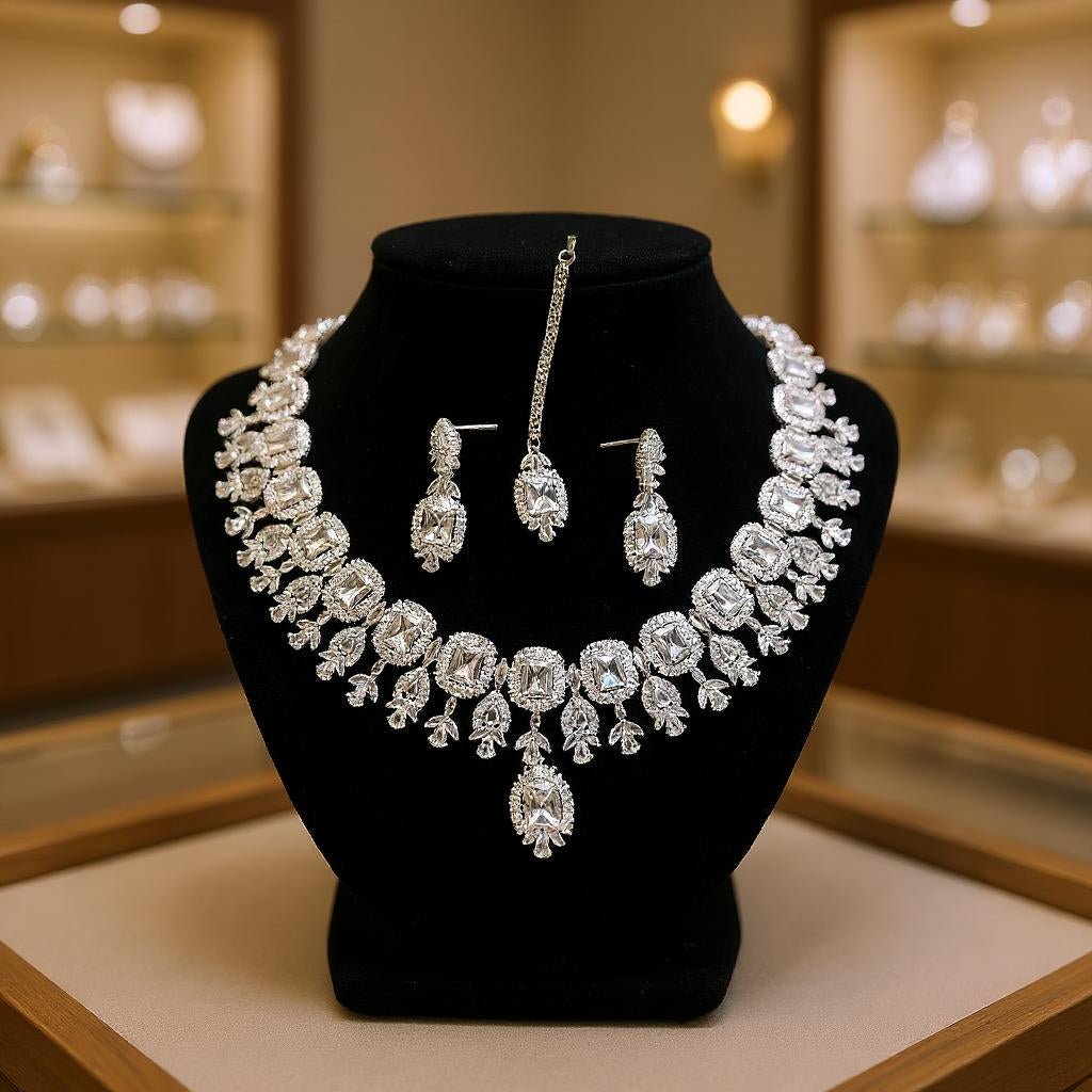 LaaLi NK44 White American Diamond Necklace Set | Rhodium Plated Bridal Jewellery for Women | Elegant Statement Choker with Earrings