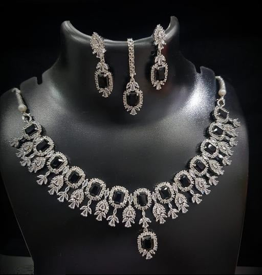 LaaLi NK45 Black American Diamond Necklace Set | Rhodium Plated Bridal Jewellery for Women | Elegant Statement Choker with Earrings