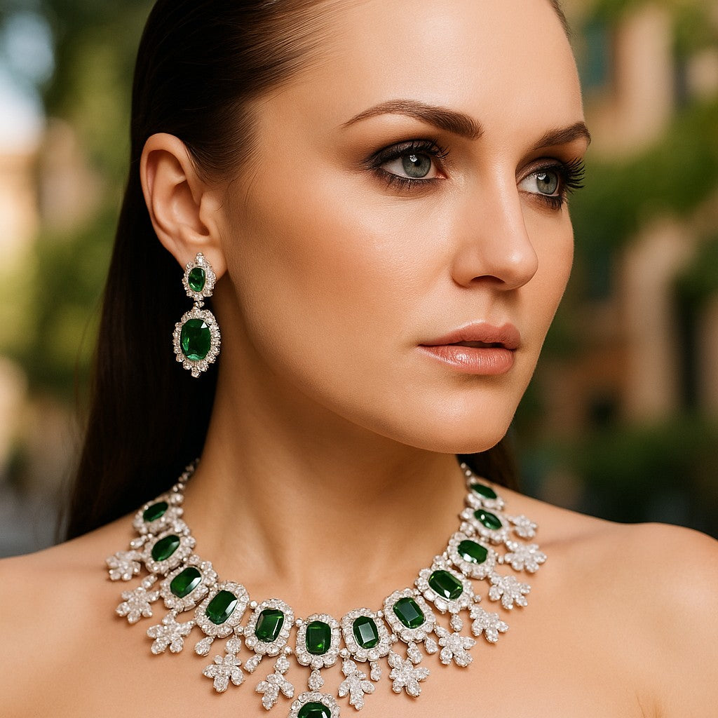 LaaLi NK46 Green American Diamond Necklace Set | Rhodium Plated Bridal Jewellery for Women | Elegant Statement Choker with Earrings