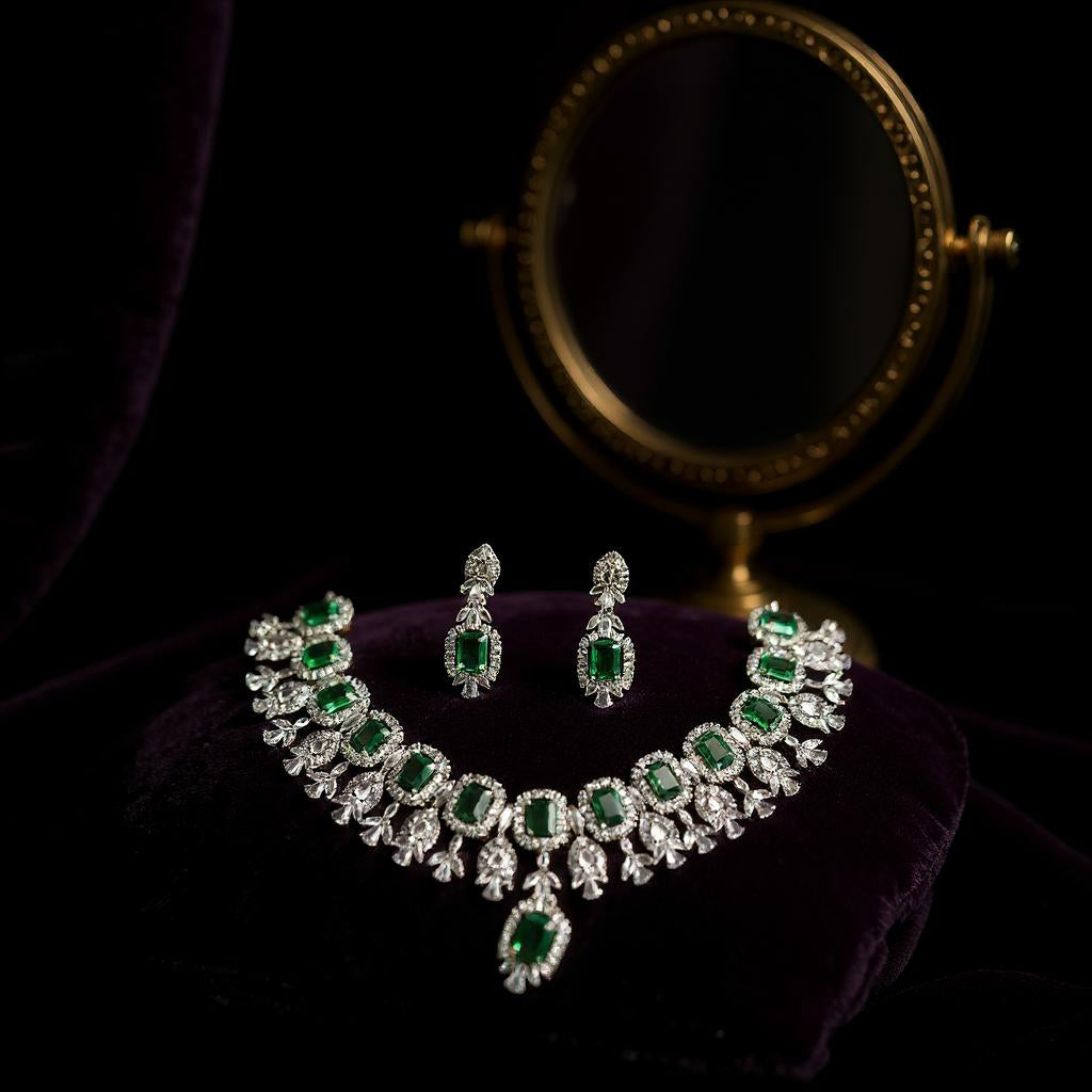 LaaLi NK46 Green American Diamond Necklace Set | Rhodium Plated Bridal Jewellery for Women | Elegant Statement Choker with Earrings