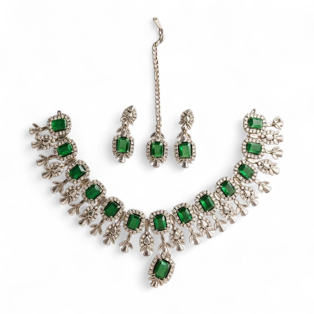 LaaLi NK46 Green American Diamond Necklace Set | Rhodium Plated Bridal Jewellery for Women | Elegant Statement Choker with Earrings