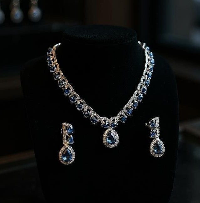 LaaLi NK28 Blue American Diamond Necklace Set | Sapphire Look Rhodium Plated Bridal Jewellery | Elegant Party Wear Earring with Earrings