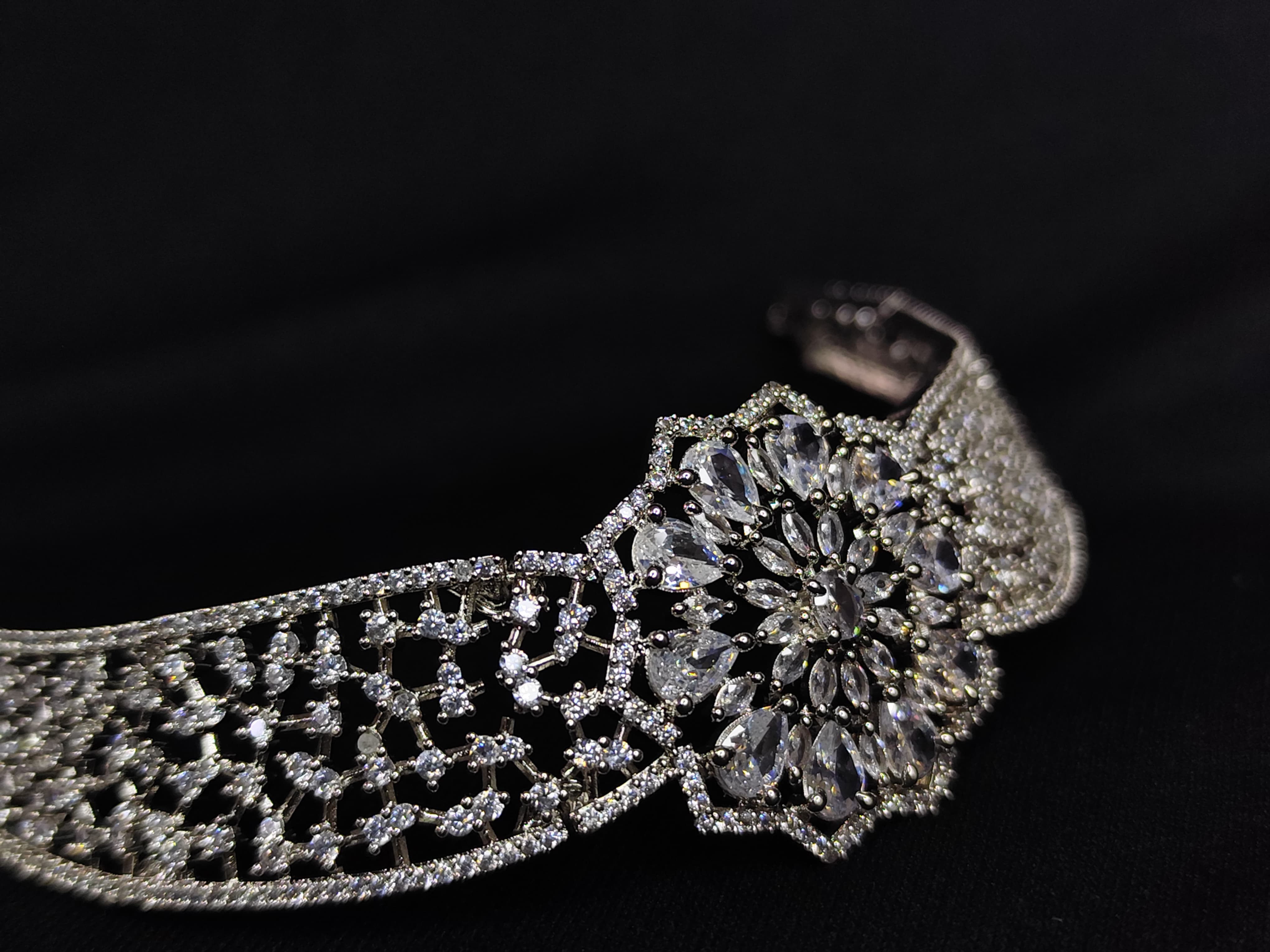 LaaLi NK50 Premium White Flower Choker Necklace Set with Earrings & Maang Tika | Bridal Jewelry for Women | Diamond Look | Party Wear