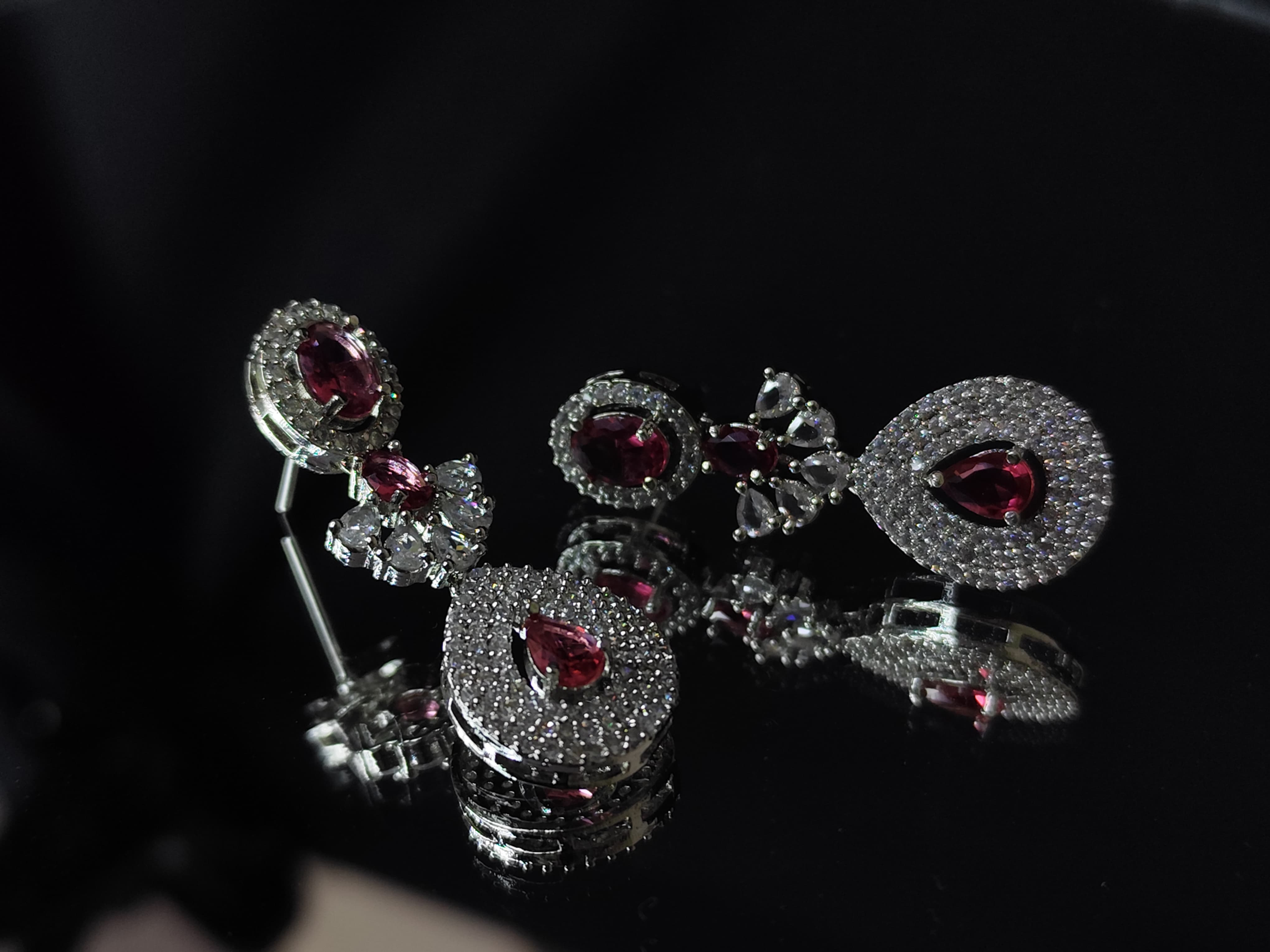 LaaLi NK40 Ruby Red American Diamond Necklace Set | Rhodium Plated Bridal Jewellery with Earrings | Elegant Festive & Wedding Wear Set for Women