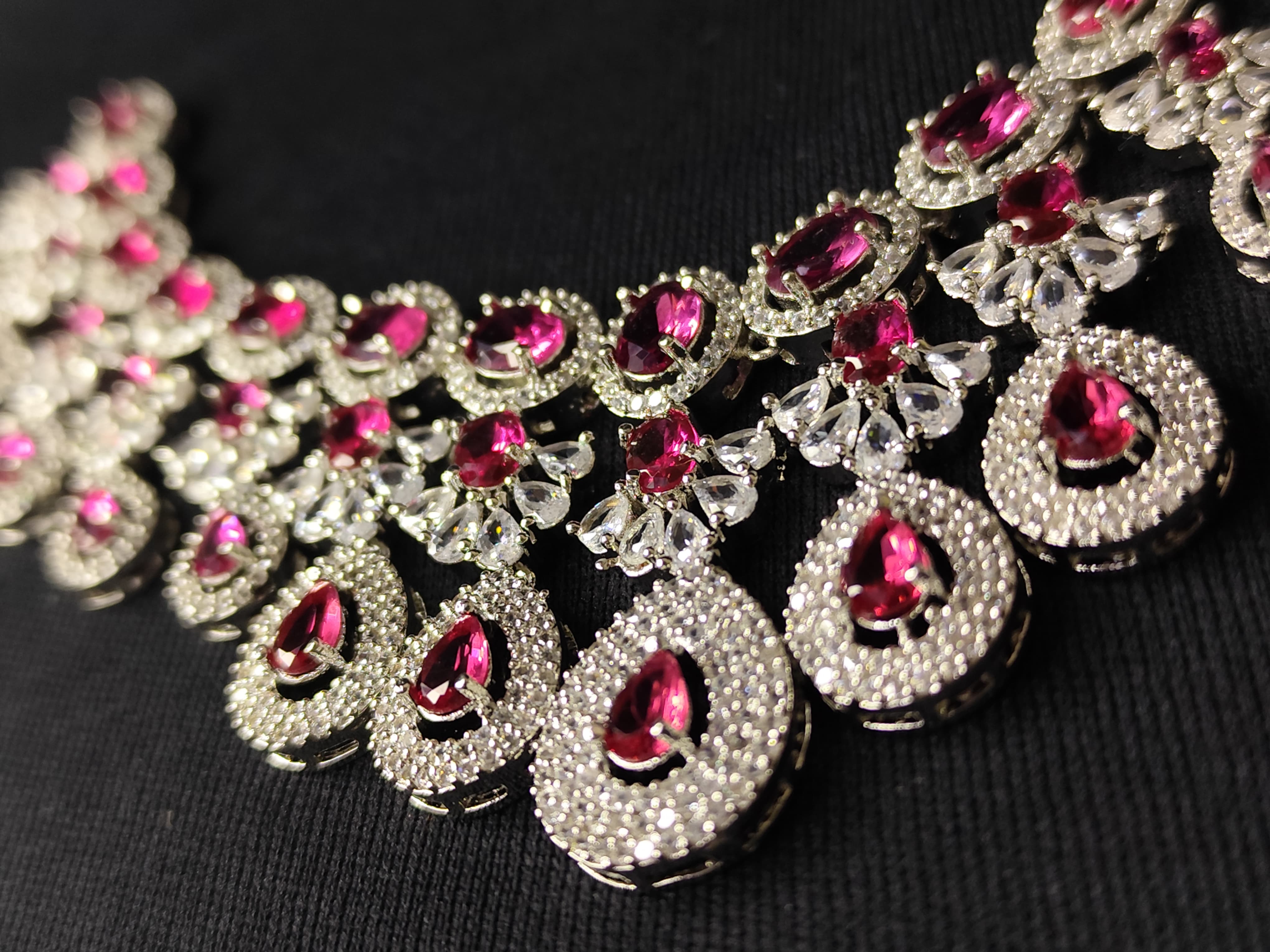 LaaLi NK40 Ruby Red American Diamond Necklace Set | Rhodium Plated Bridal Jewellery with Earrings | Elegant Festive & Wedding Wear Set for Women