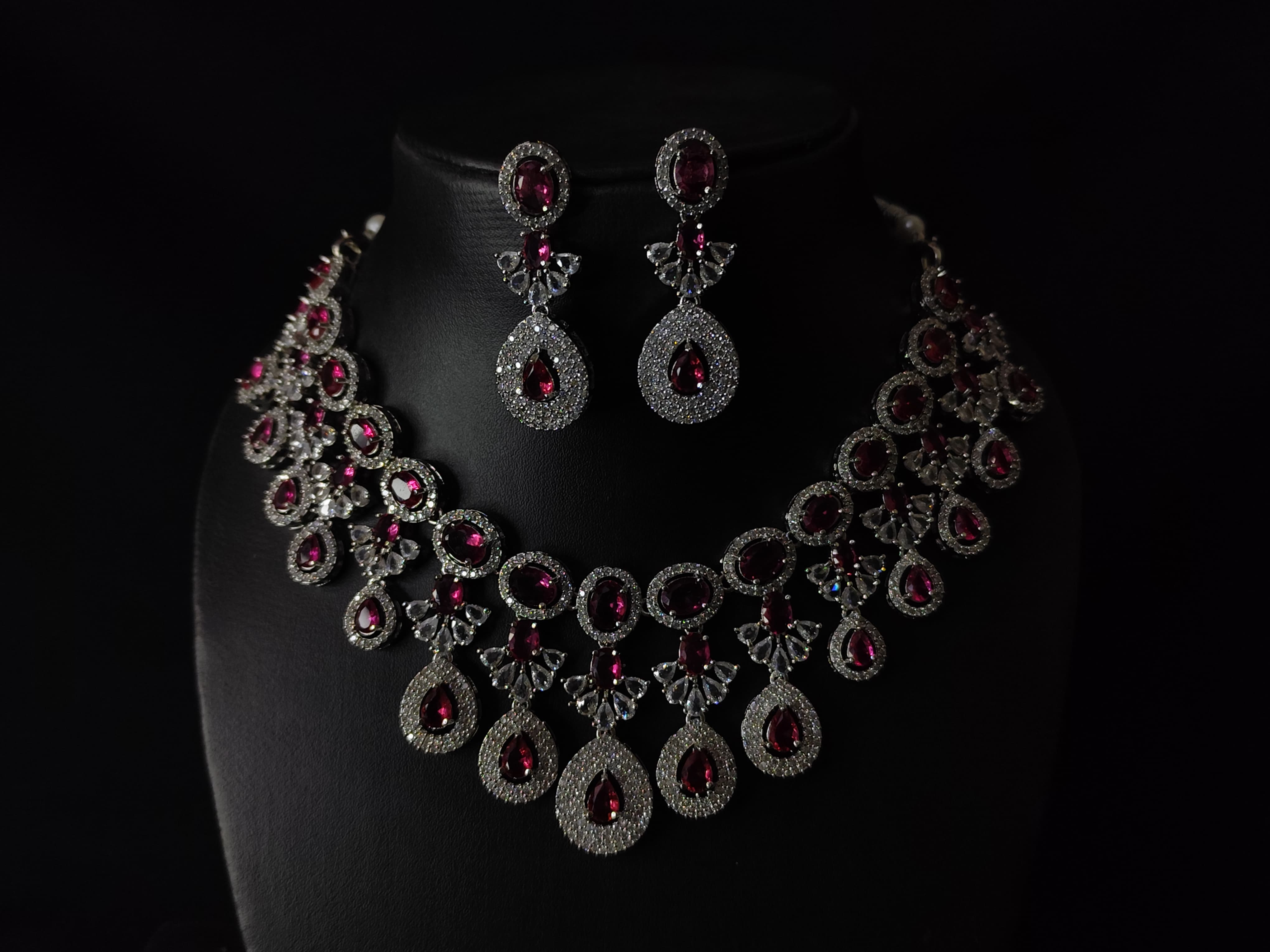 LaaLi NK40 Ruby Red American Diamond Necklace Set | Rhodium Plated Bridal Jewellery with Earrings | Elegant Festive & Wedding Wear Set for Women