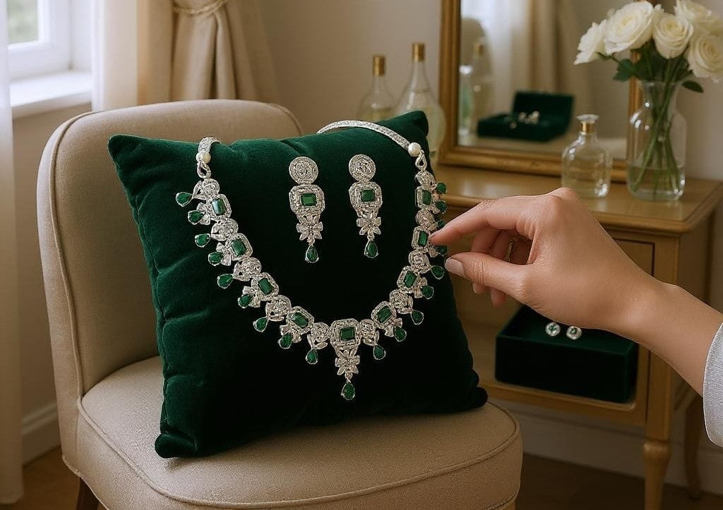 LaaLi NK6 Elegant Green & White American Diamond Rhodium Plated Necklace Set For Women – Bridal & Party Wear Jewellery