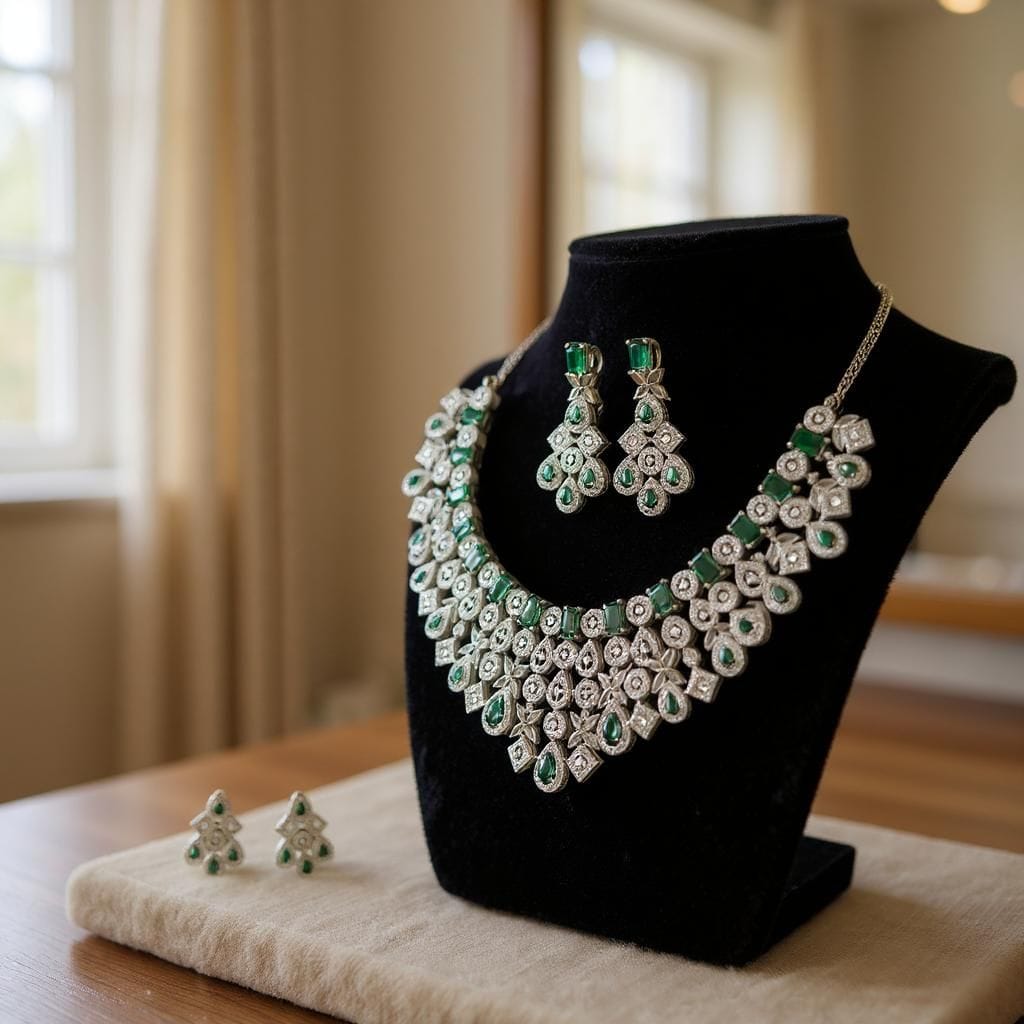 LaaLi NK34 Green American Diamond Necklace Set | Rhodium Plated Bridal Jewellery for Women | Elegant Statement Choker with Earrings