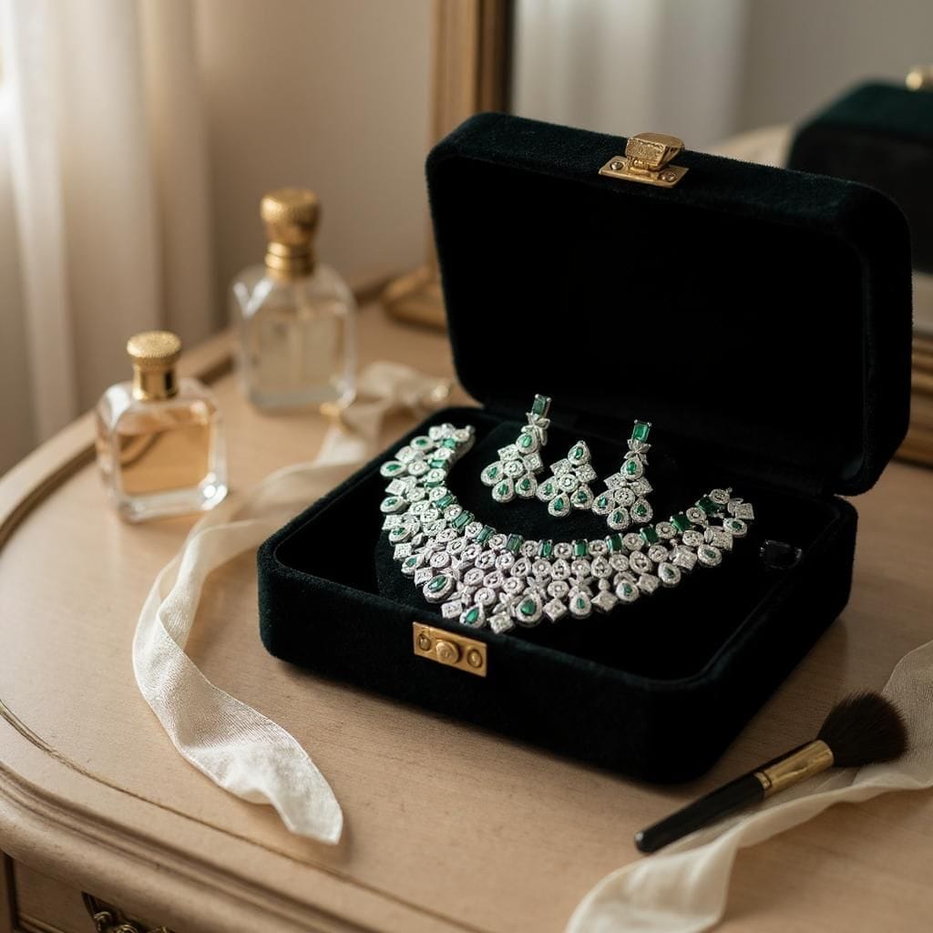 LaaLi NK34 Green American Diamond Necklace Set | Rhodium Plated Bridal Jewellery for Women | Elegant Statement Choker with Earrings