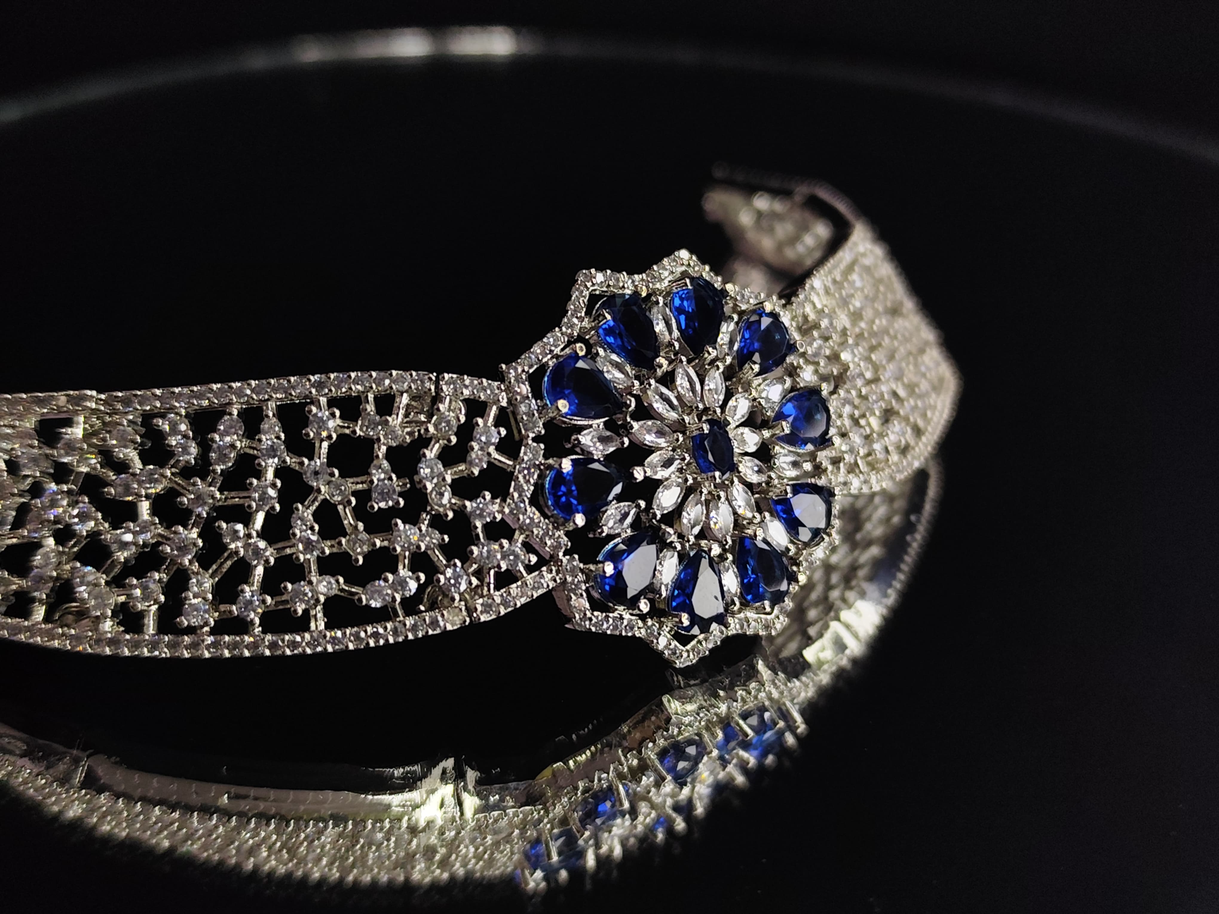 LaaLi NK49 Premium Blue Flower Choker Necklace Set with Earrings & Maang Tika | Bridal Jewelry for Women | Diamond Look | Party Wear