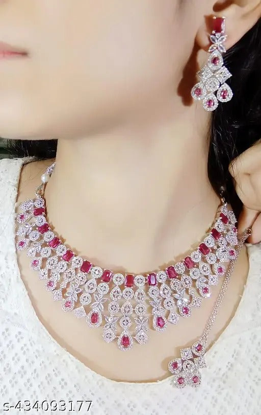 LaaLi NK35 Bridal Maroon American Diamond Necklace Set | Heavy Rhodium Plated Choker with Earrings & Maang Tika | Wedding Jewellery Set for Women