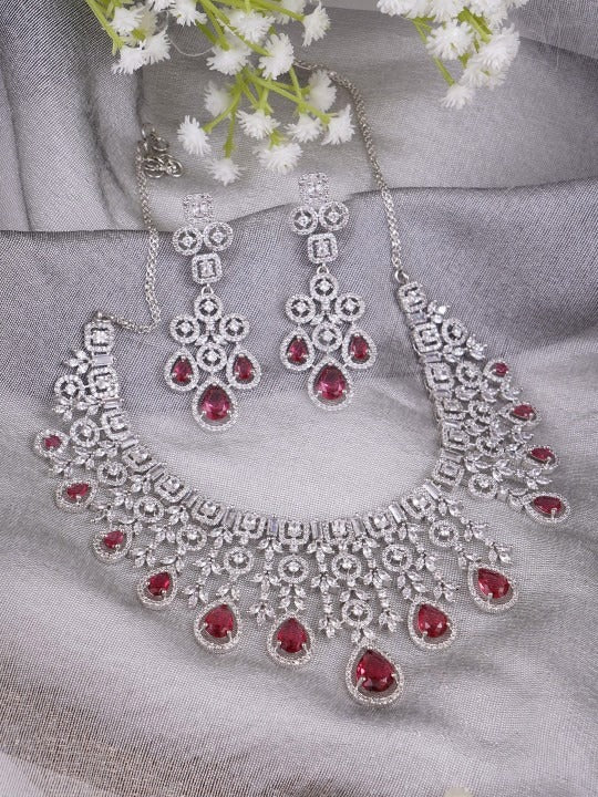 LaaLi NK14 Rhodium Plated American Diamond Necklace Set for Women | Bridal & Party Wear Jewellery with Red Stone Accents