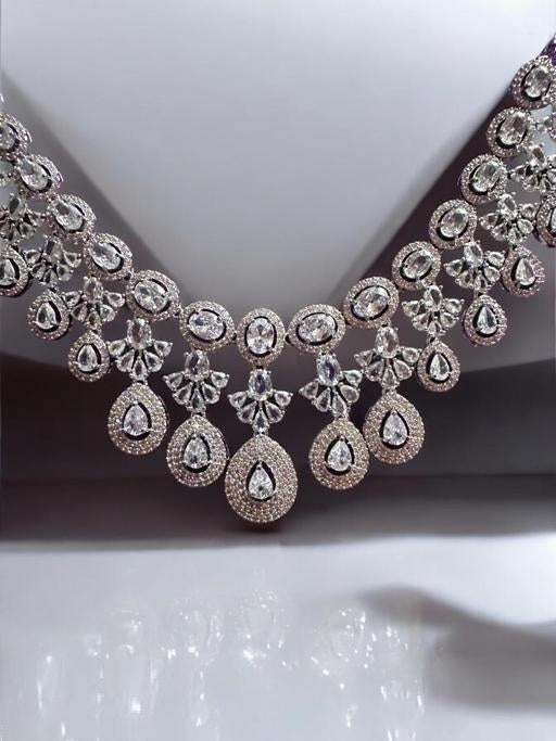 LaaLi NK41 White American Diamond Necklace Set | Rhodium Plated Bridal Jewellery for Women | Elegant Statement Choker with Earrings