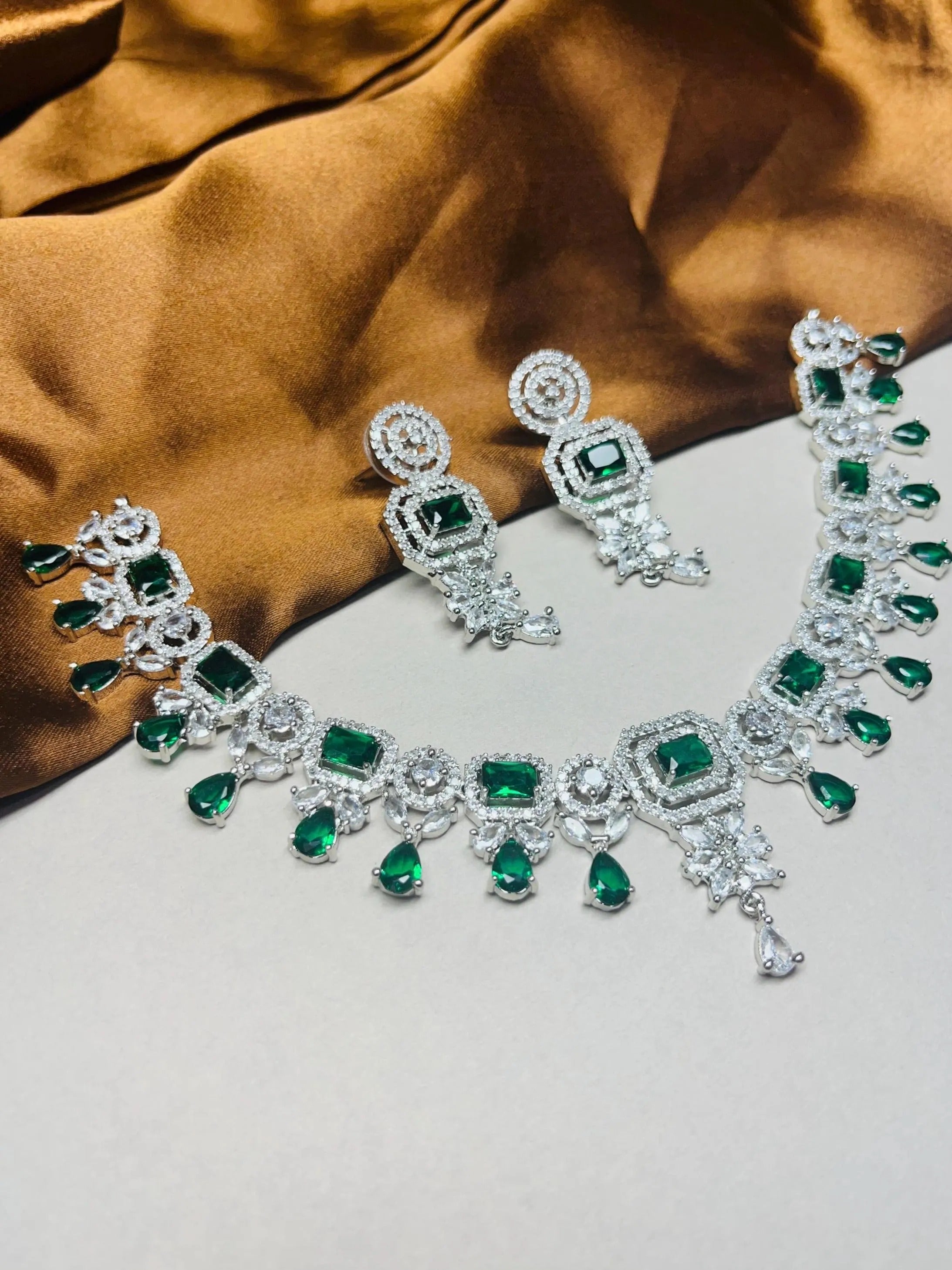 LaaLi NK6 Elegant Green & White American Diamond Rhodium Plated Necklace Set For Women – Bridal & Party Wear Jewellery