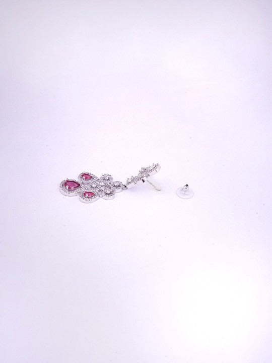 LaaLi NK14 Rhodium Plated American Diamond Necklace Set for Women | Bridal & Party Wear Jewellery with Red Stone Accents