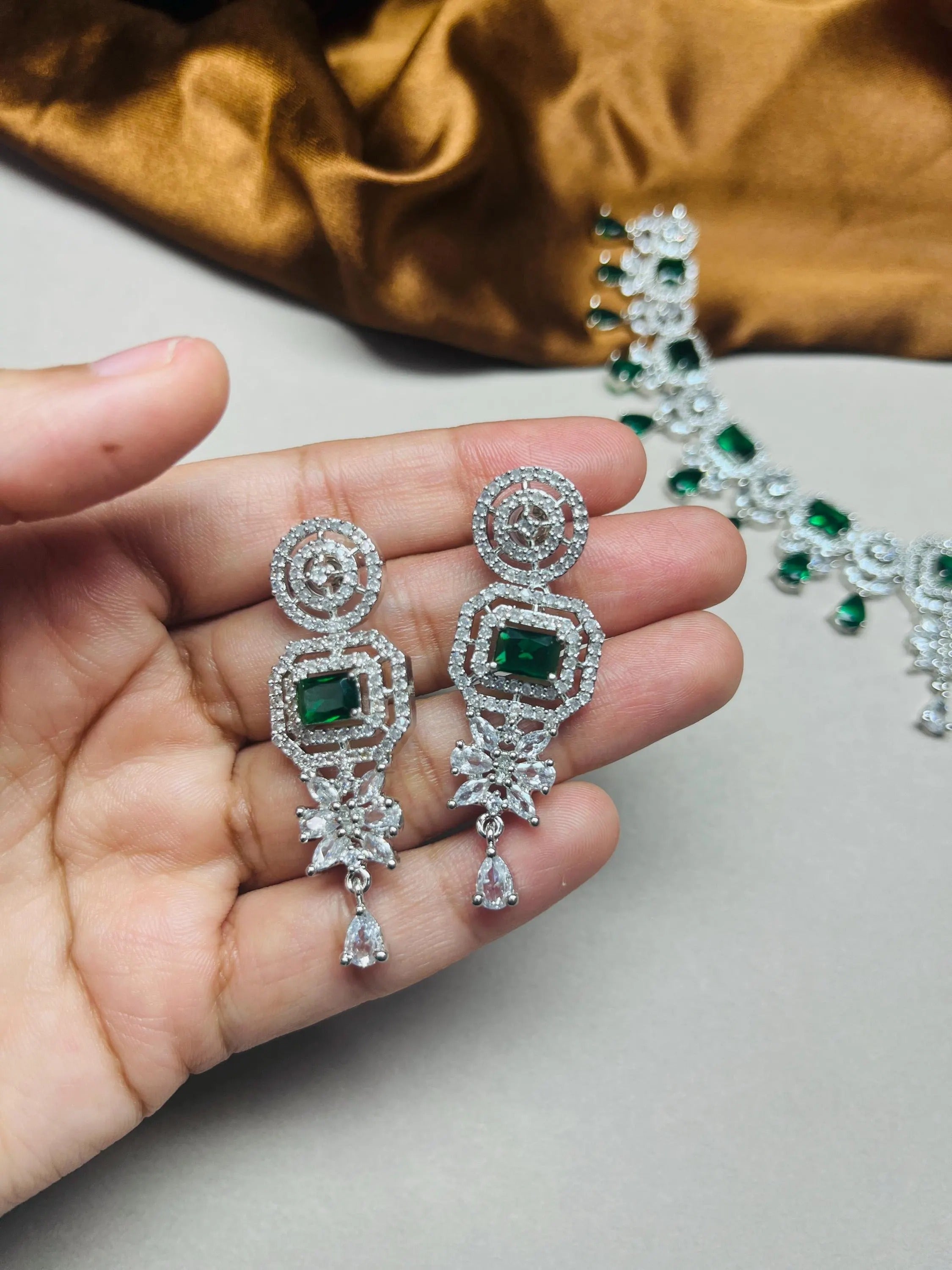 LaaLi NK6 Elegant Green & White American Diamond Rhodium Plated Necklace Set For Women – Bridal & Party Wear Jewellery