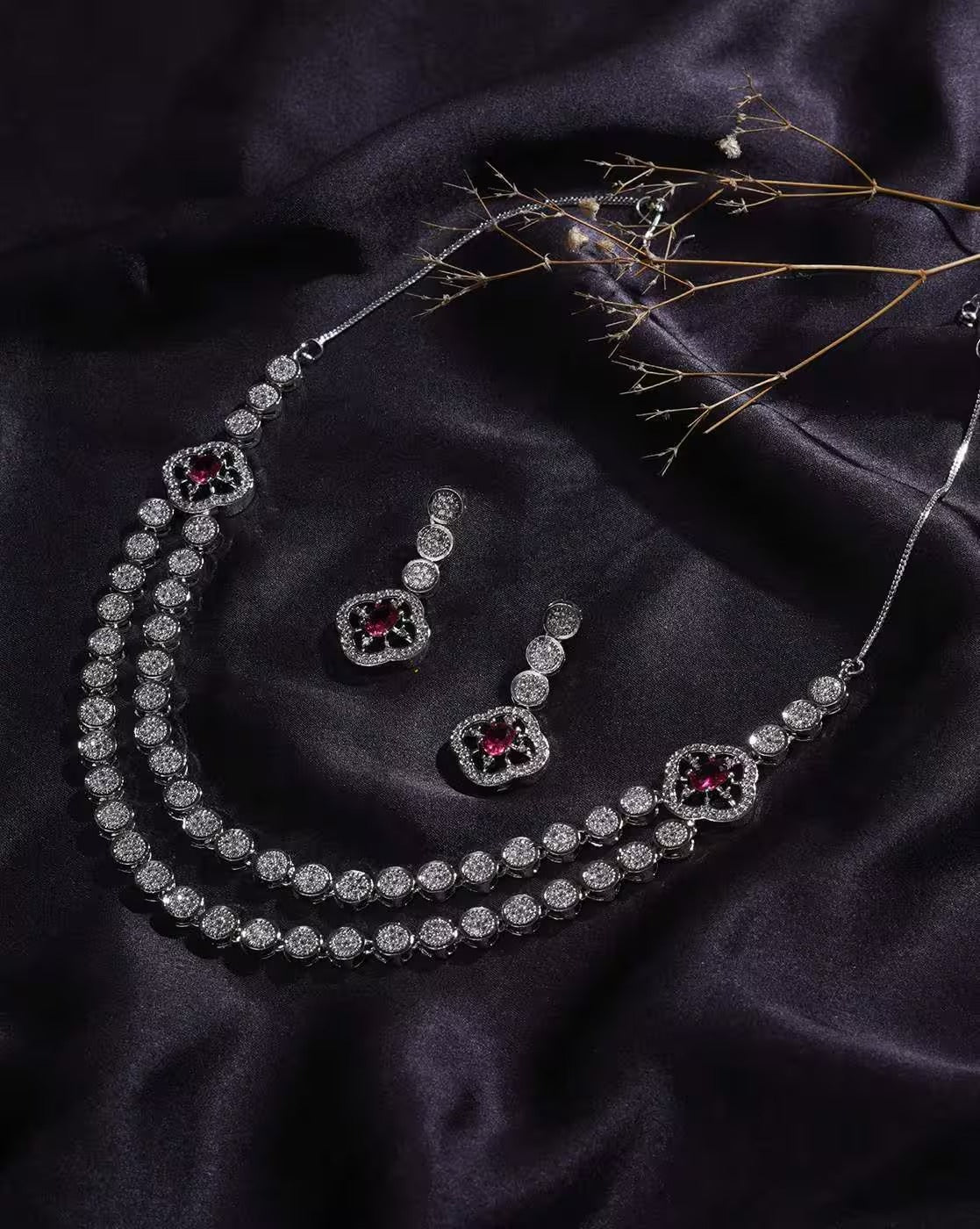 LaaLi NK56 Women Rhodium-Plated Stone-Studded Necklace & Earrings Set