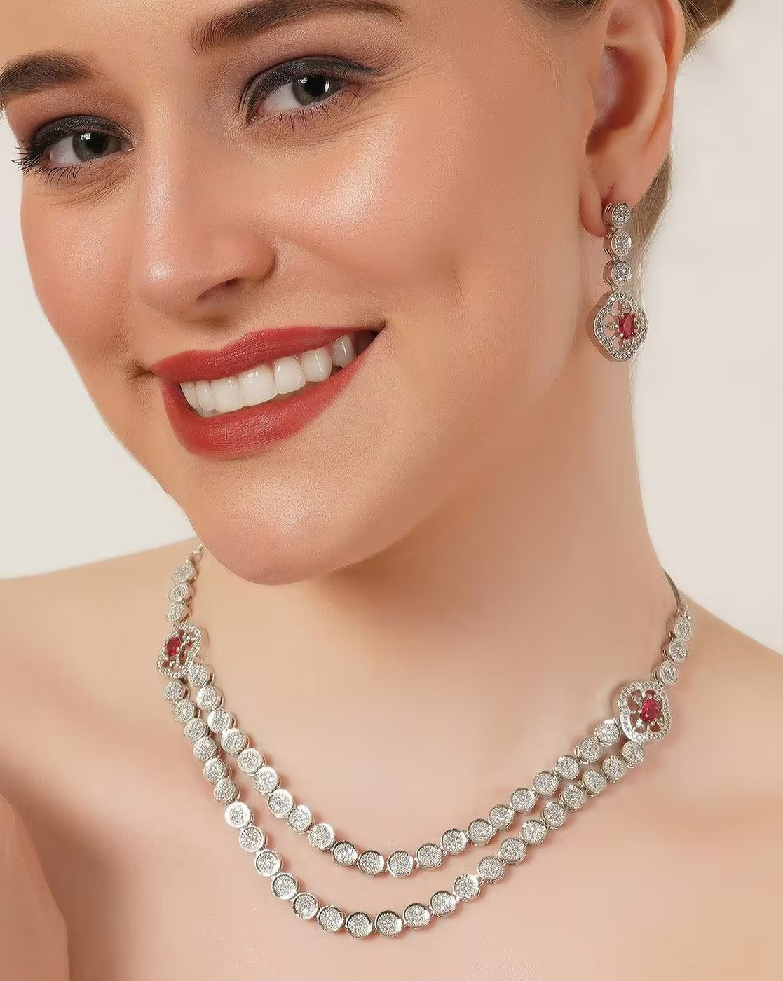 LaaLi NK56 Women Rhodium-Plated Stone-Studded Necklace & Earrings Set