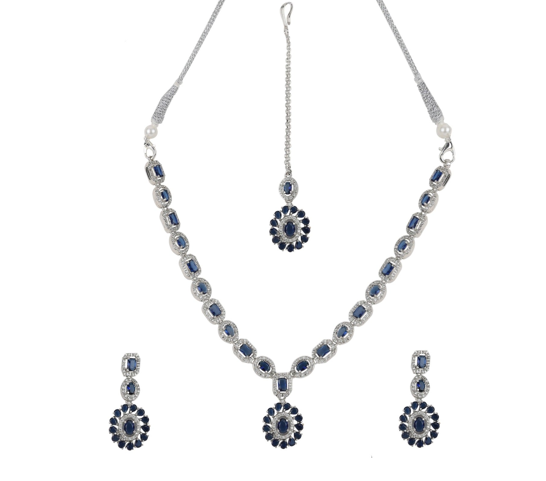 LaaLi NK5 Royal Blue & White American Daimond Necklace Set with Maang Tikka – Silver Plated  Jewelry for Women