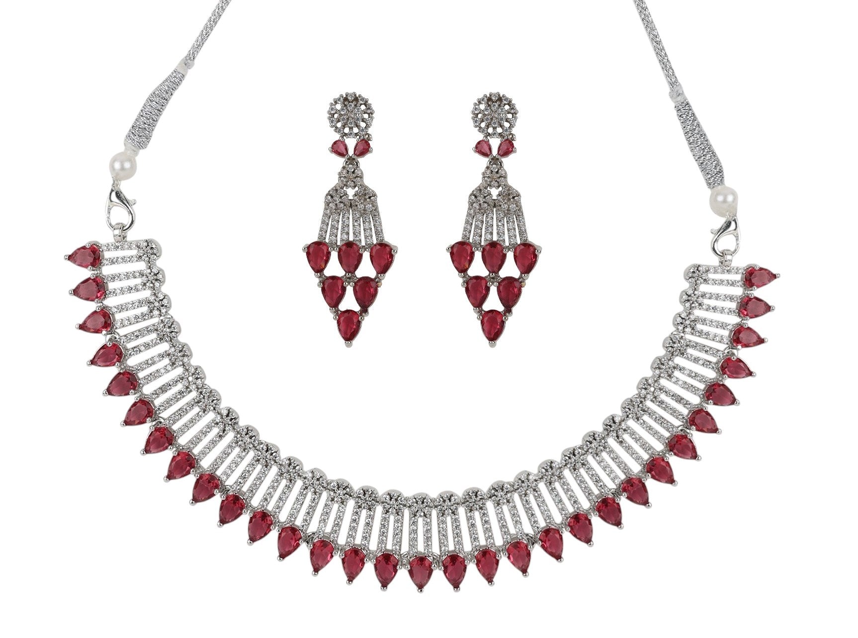 LaaLi NK1 Royal Red American Diamond Choker Necklace Set for Women - Diamond Finish Bridal Jewelry