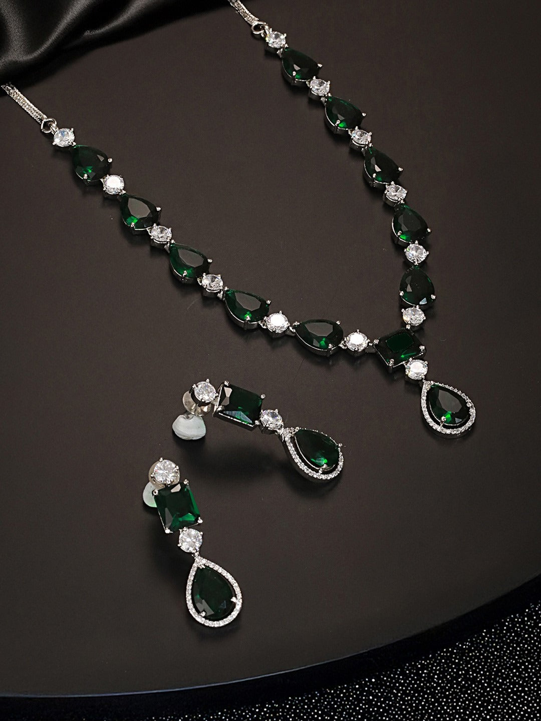 LaaLi NK24 Royal Green American Diamond Necklace Set | Rhodium Plated Bridal Jewellery for Women | Elegant Emerald Look Necklace with Earrings