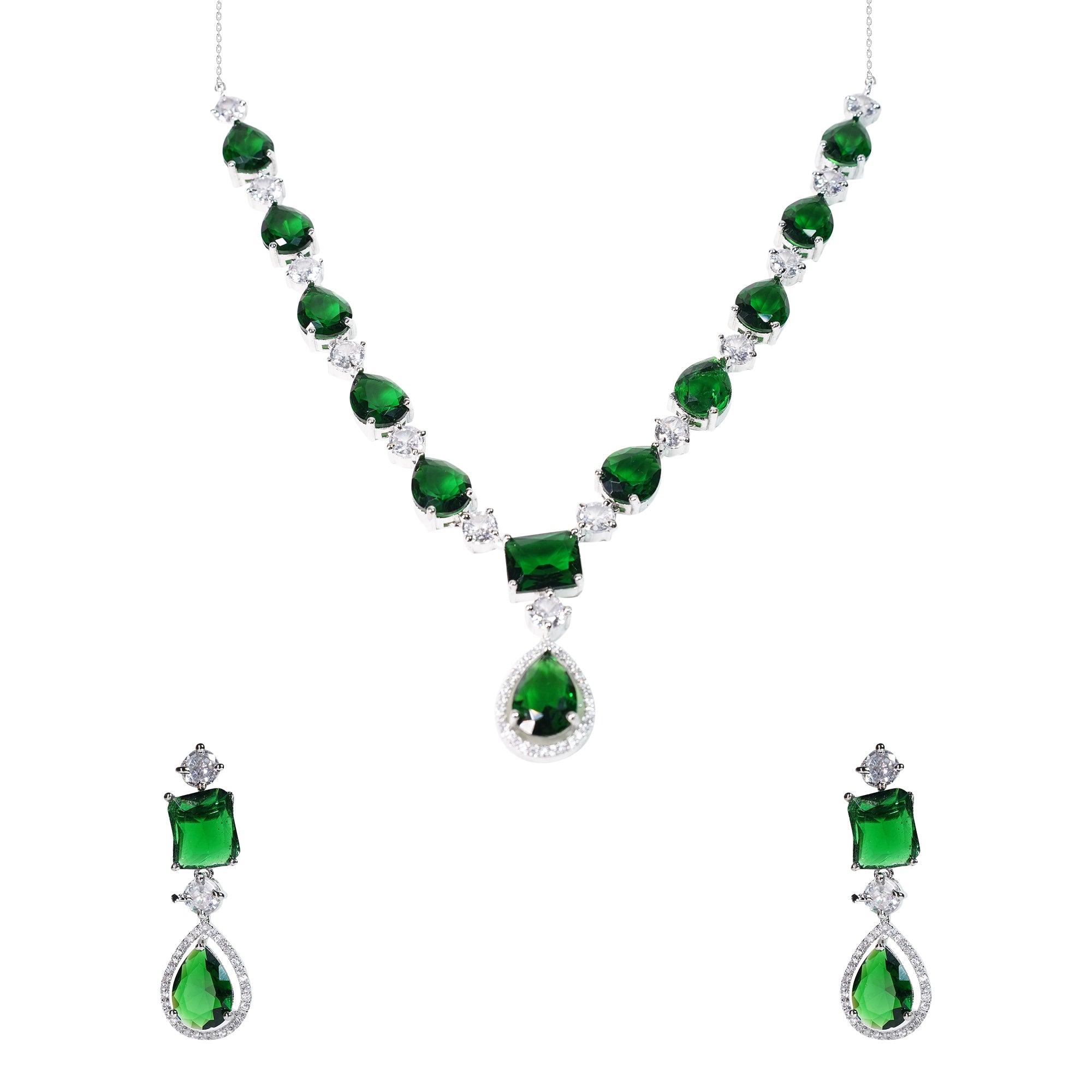 LaaLi NK24 Royal Green American Diamond Necklace Set | Rhodium Plated Bridal Jewellery for Women | Elegant Emerald Look Necklace with Earrings