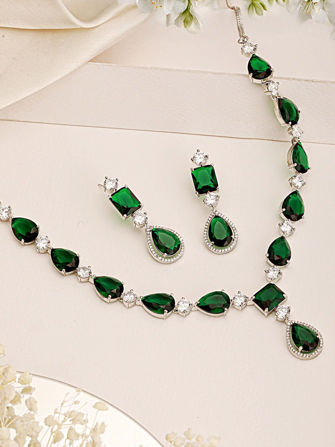LaaLi NK24 Royal Green American Diamond Necklace Set | Rhodium Plated Bridal Jewellery for Women | Elegant Emerald Look Necklace with Earrings