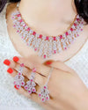 LaaLi NK35 Bridal Maroon American Diamond Necklace Set | Heavy Rhodium Plated Choker with Earrings & Maang Tika | Wedding Jewellery Set for Women
