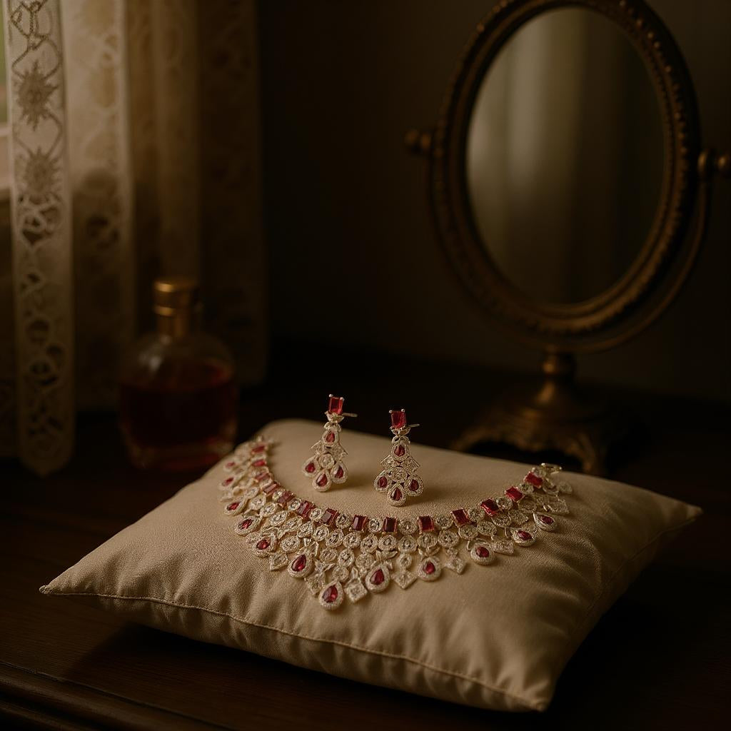 LaaLi NK35 Bridal Maroon American Diamond Necklace Set | Heavy Rhodium Plated Choker with Earrings & Maang Tika | Wedding Jewellery Set for Women