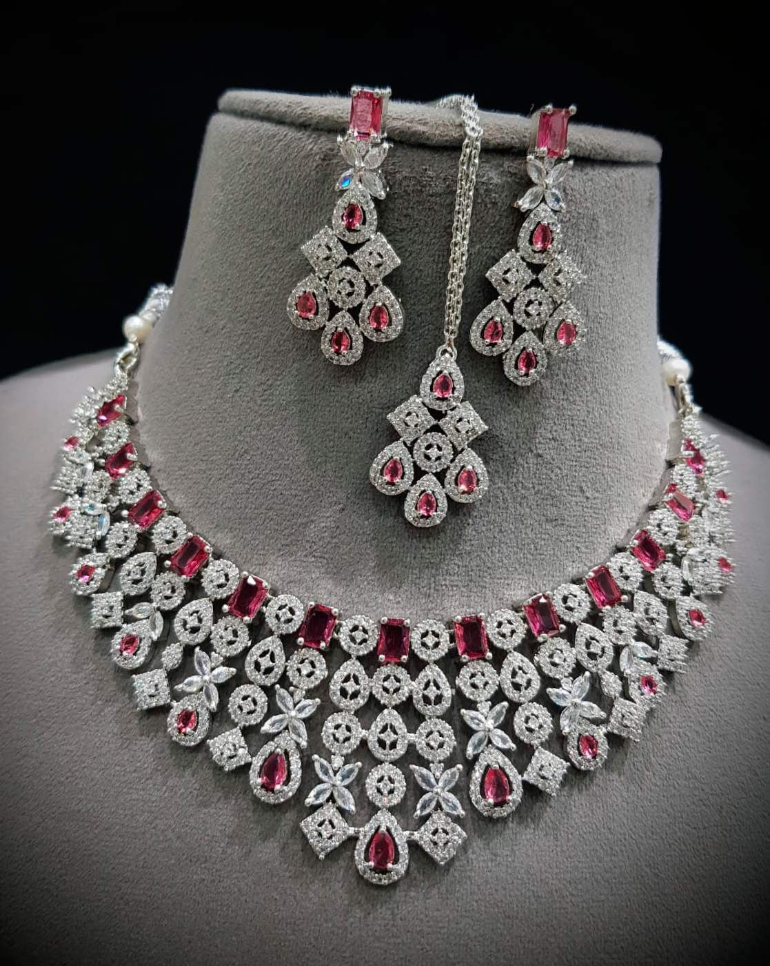 LaaLi NK35 Bridal Maroon American Diamond Necklace Set | Heavy Rhodium Plated Choker with Earrings & Maang Tika | Wedding Jewellery Set for Women