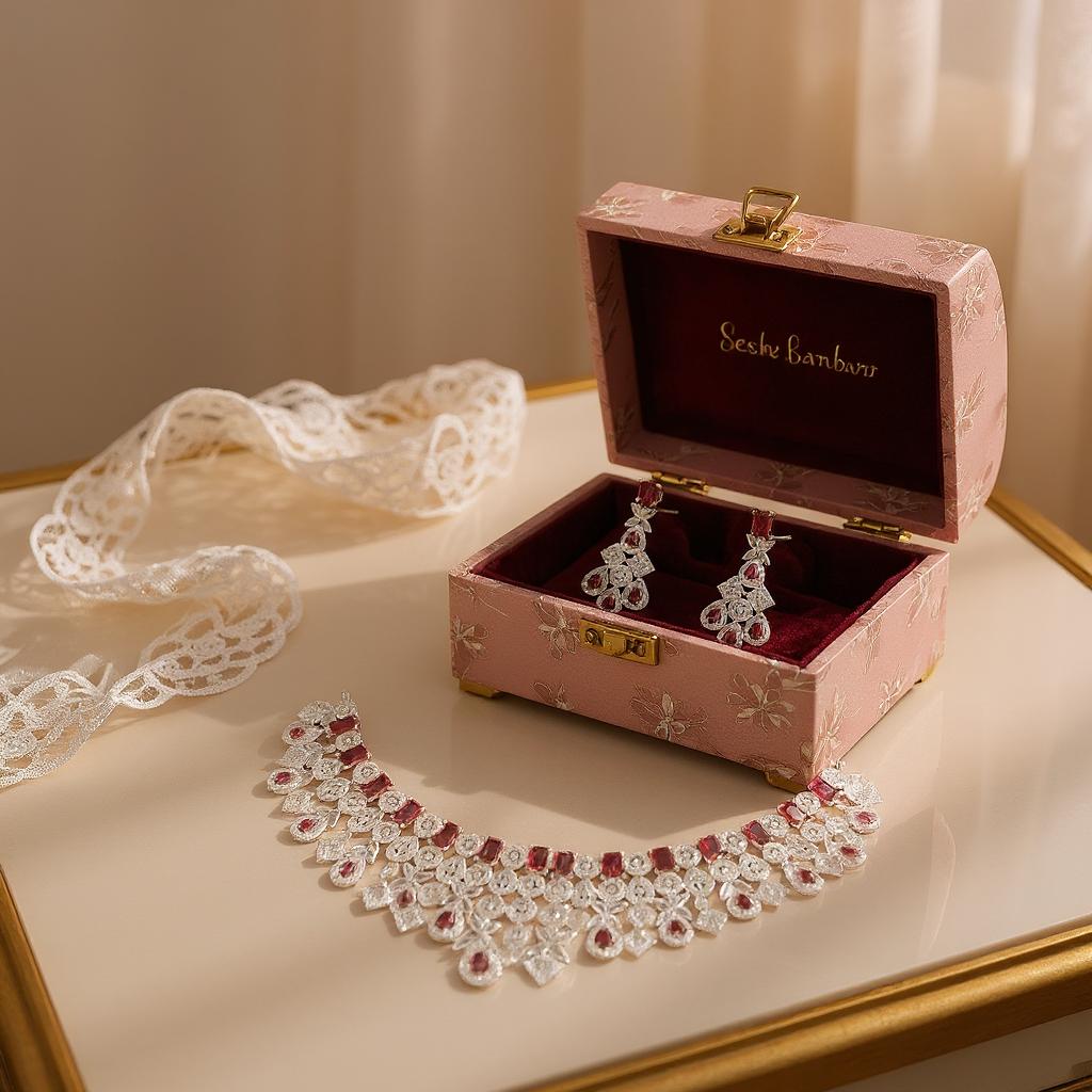 LaaLi NK35 Bridal Maroon American Diamond Necklace Set | Heavy Rhodium Plated Choker with Earrings & Maang Tika | Wedding Jewellery Set for Women