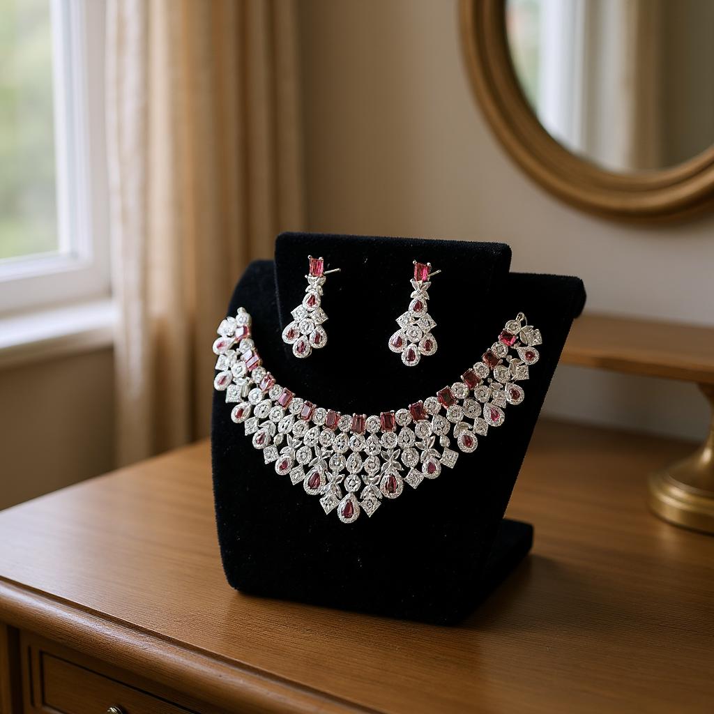 LaaLi NK35 Bridal Maroon American Diamond Necklace Set | Heavy Rhodium Plated Choker with Earrings & Maang Tika | Wedding Jewellery Set for Women